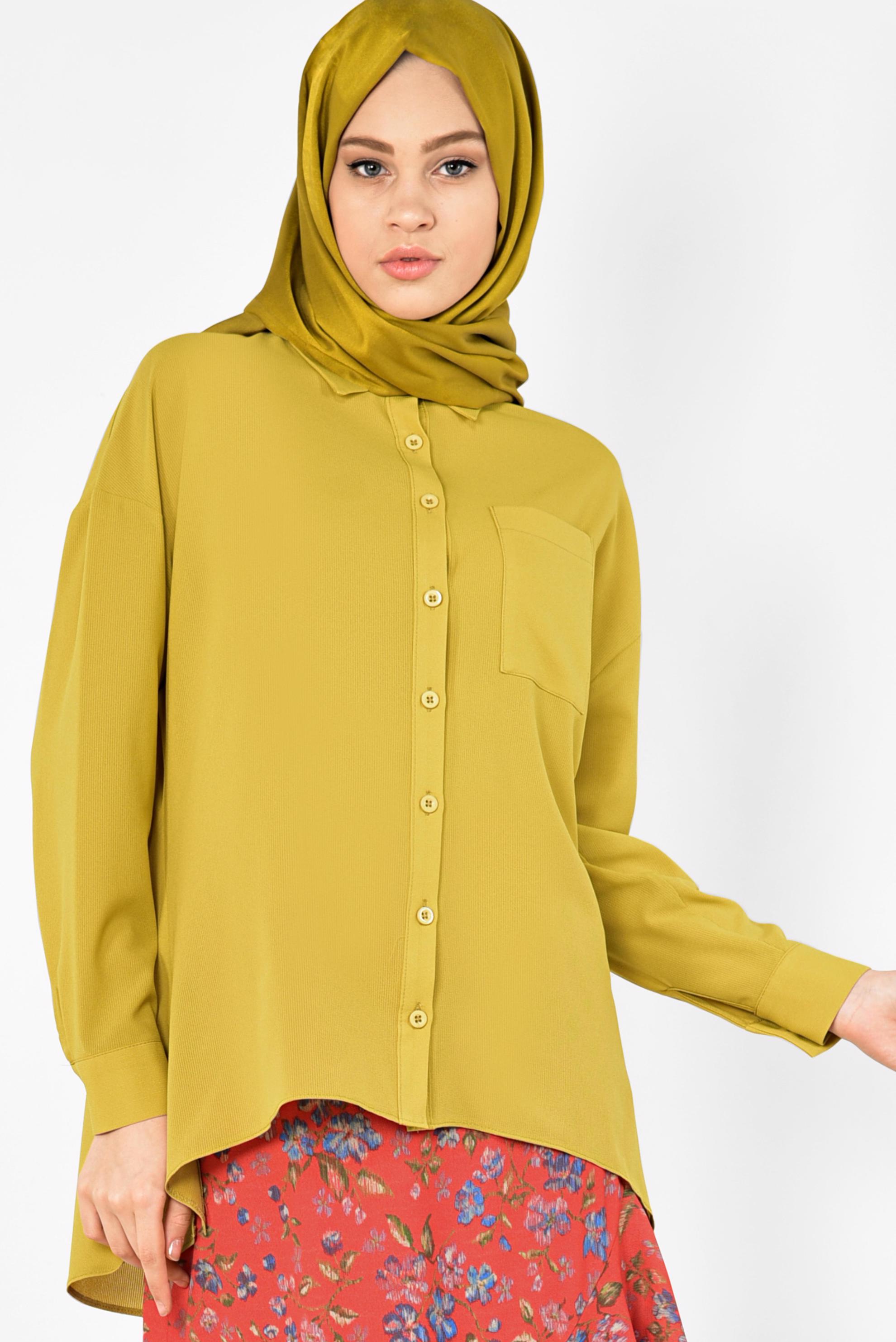 Tesettür giyim SARI ASİMETRİK KESİM ÖNDEN DÜĞMELİ BLUZ 4886