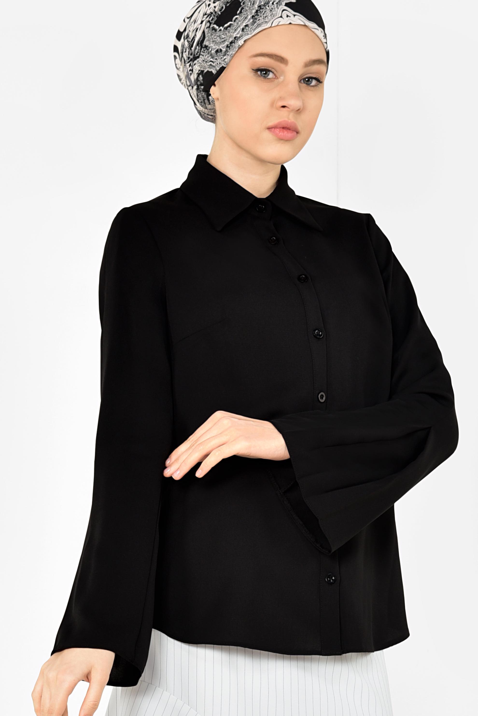 Tesettür giyim SİYAH PİLİSE DETAYLI GENİŞ KOL BLUZ 4888