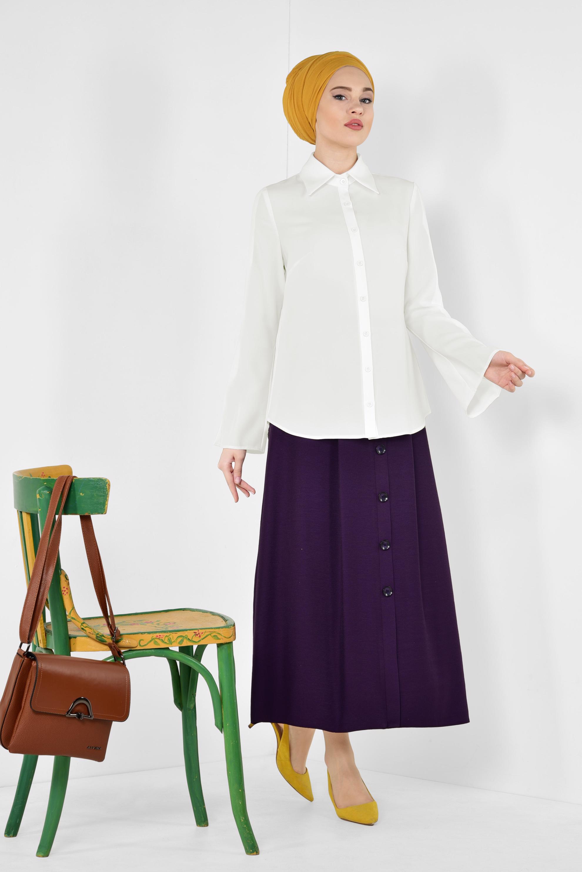 Tesettür giyim BEYAZ PİLİSE DETAYLI GENİŞ KOL BLUZ 4888