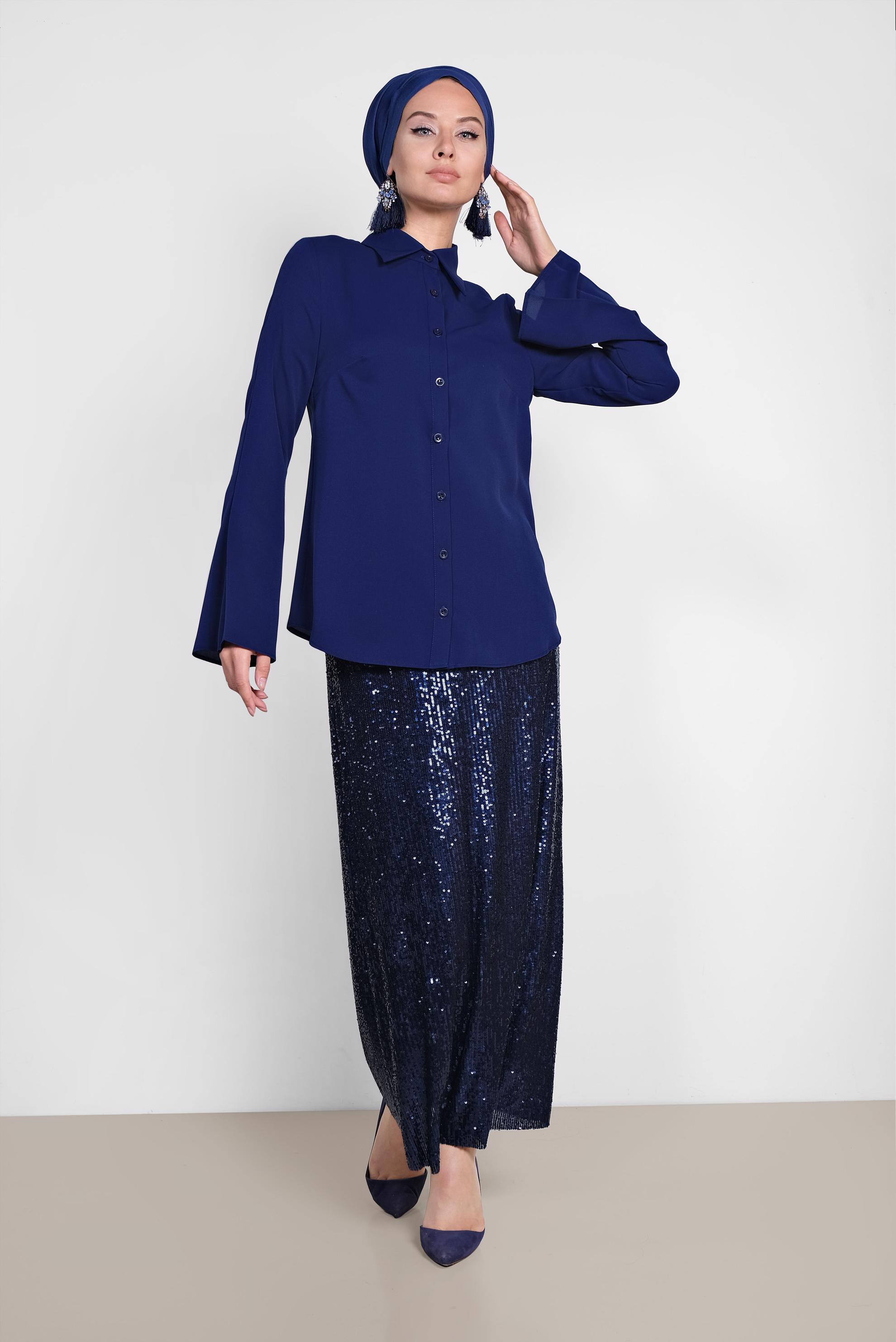 Tesettür giyim LACİVERT PİLİSE DETAYLI GENİŞ KOL BLUZ 4888