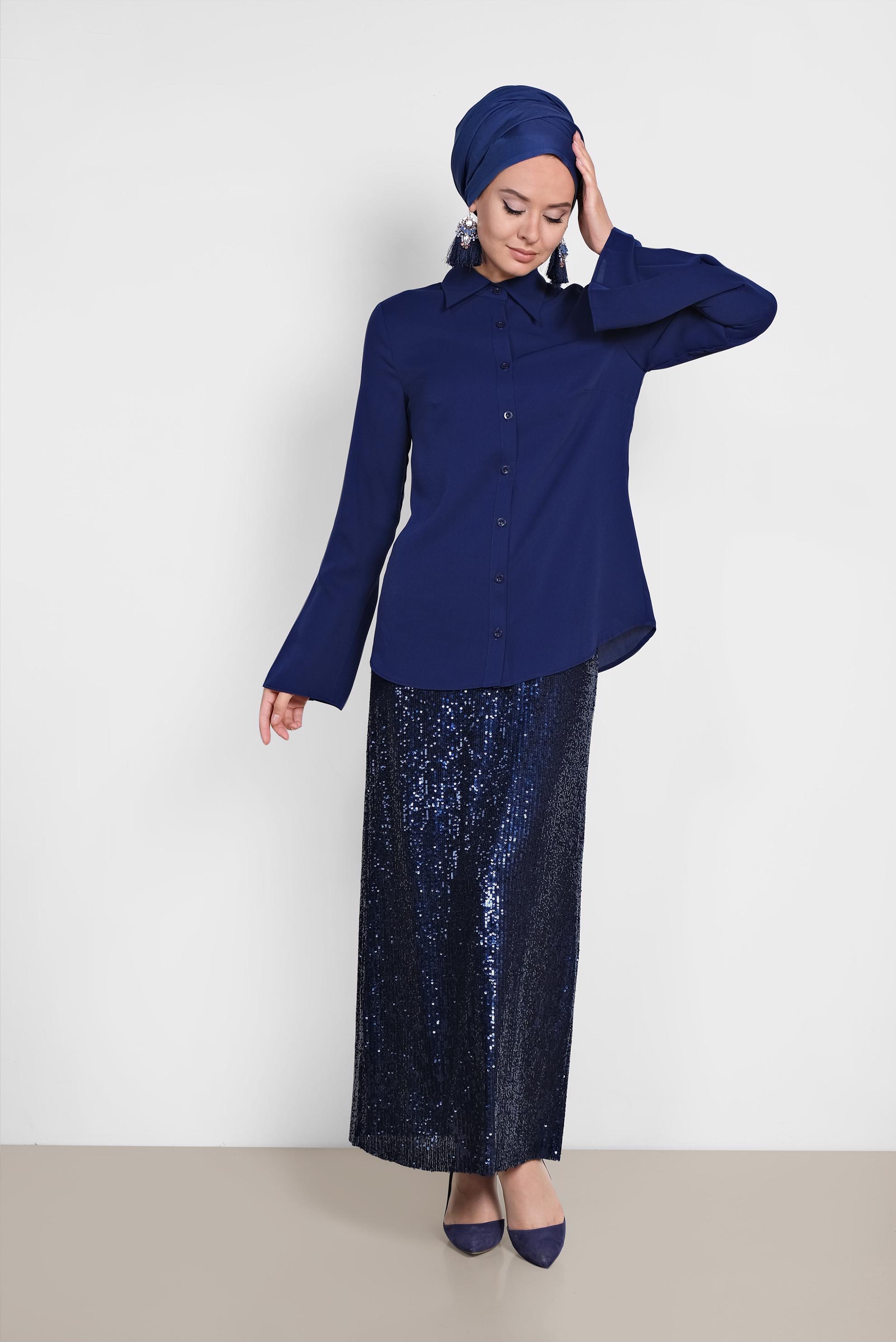 Tesettür giyim LACİVERT PİLİSE DETAYLI GENİŞ KOL BLUZ 4888