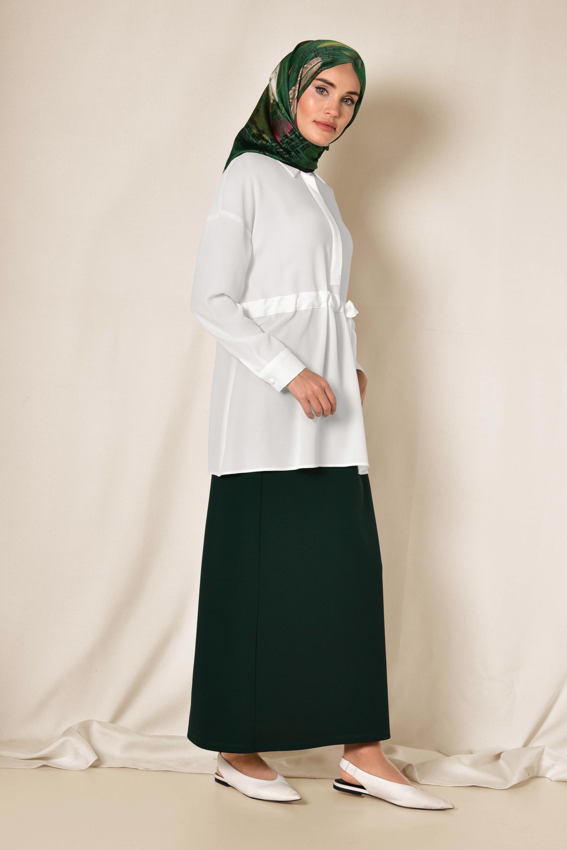 Tesettür giyim BEYAZ BELİ BÜZGÜLÜ BLUZ 4915