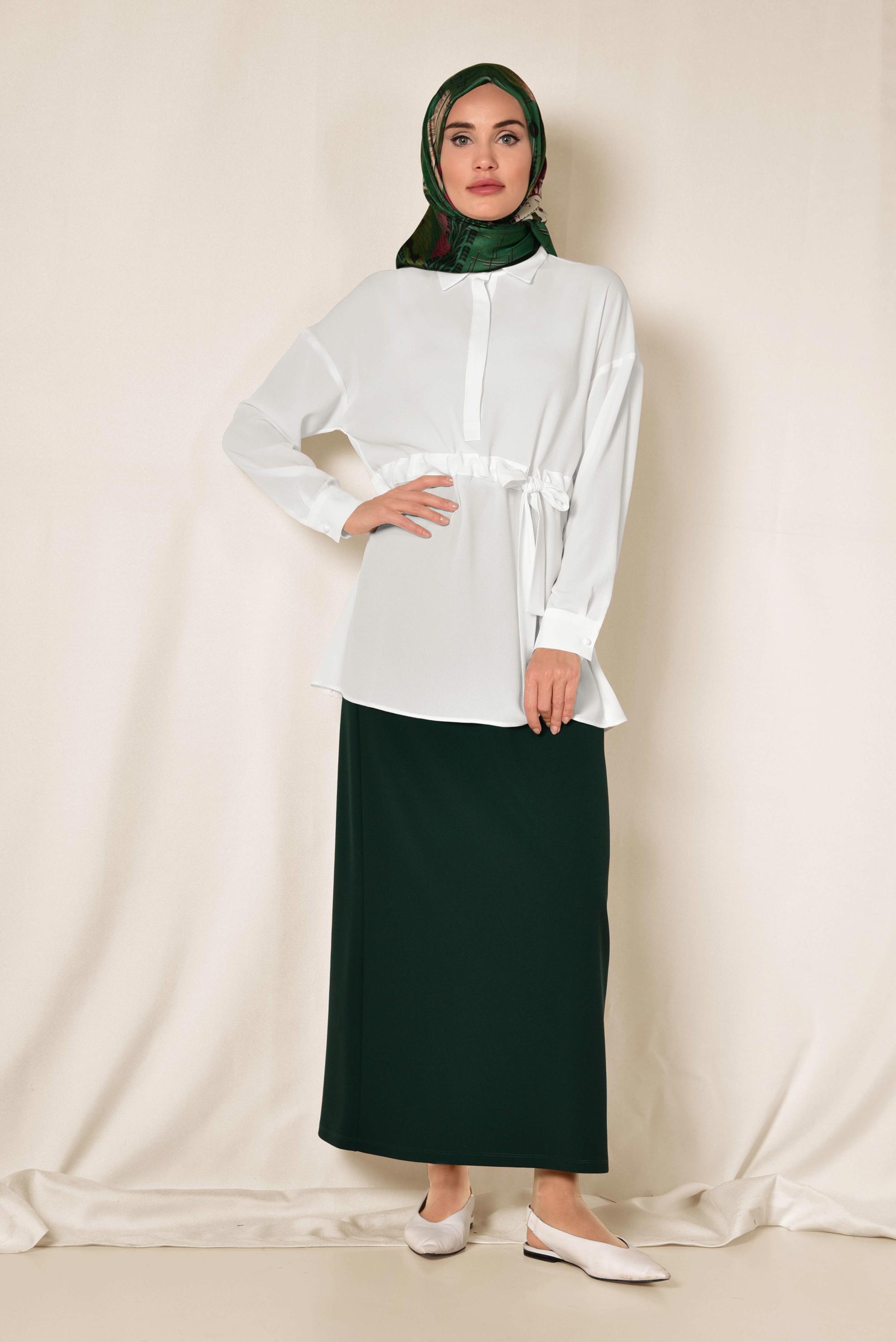 Tesettür giyim BEYAZ BELİ BÜZGÜLÜ BLUZ 4915