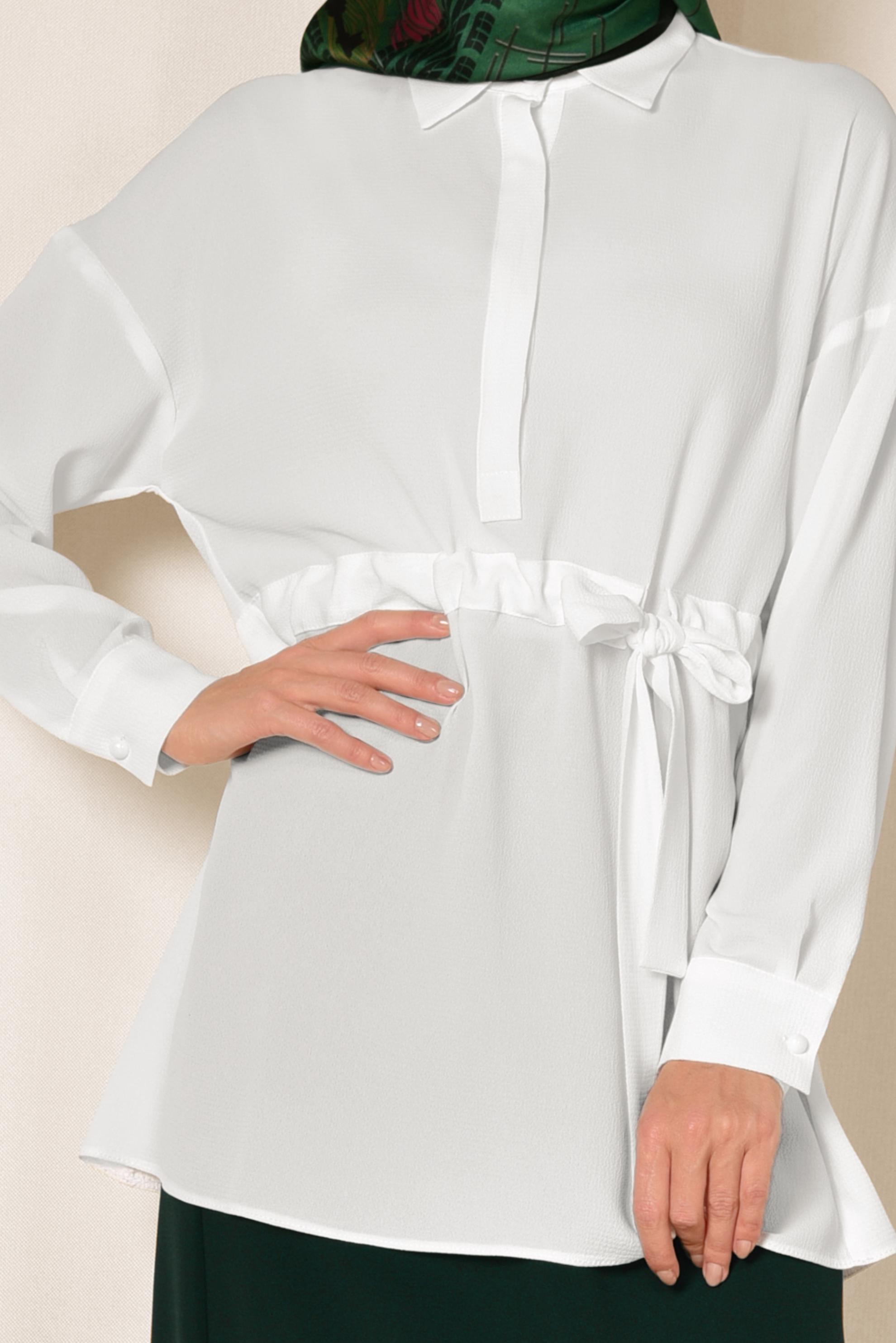 Tesettür giyim BEYAZ BELİ BÜZGÜLÜ BLUZ 4915