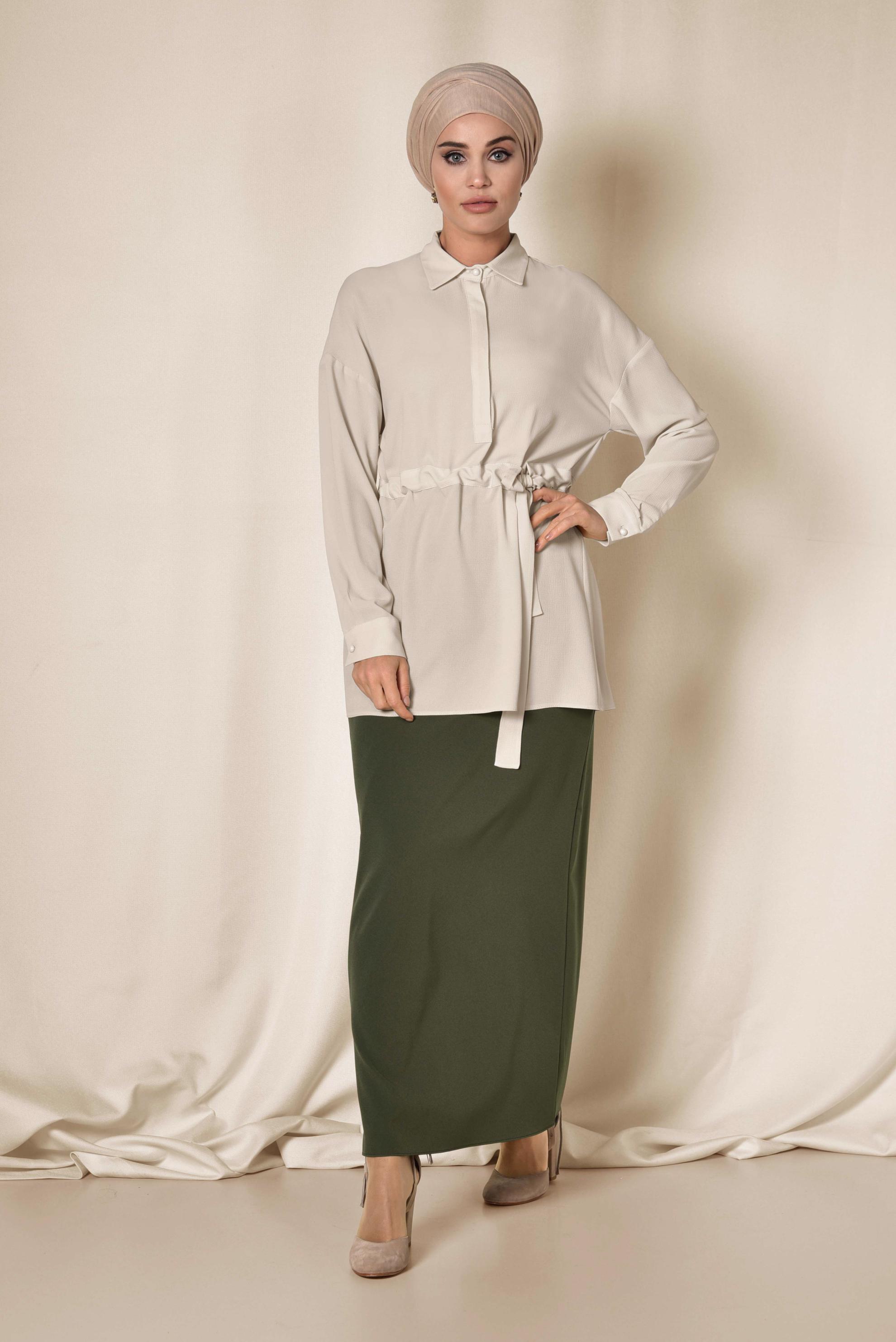 Tesettür giyim BEJ BELİ BÜZGÜLÜ BLUZ 4915