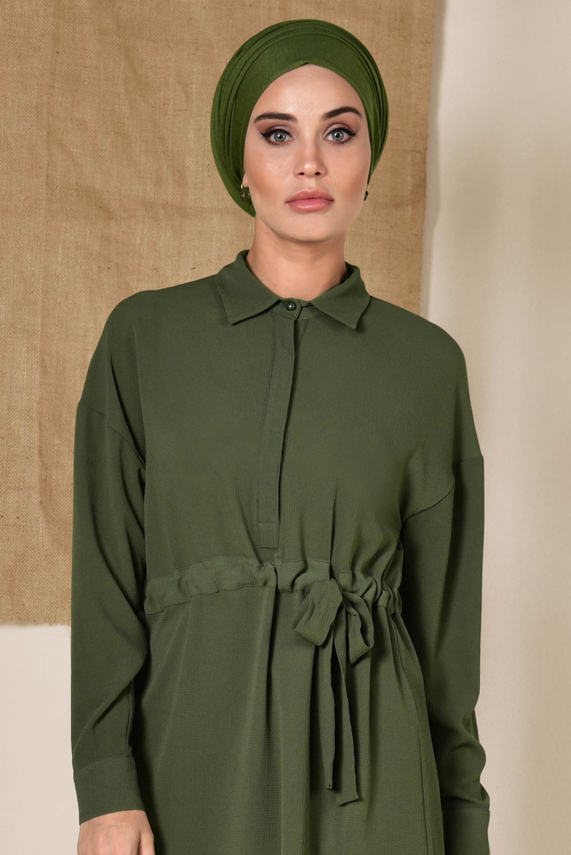 Tesettür giyim HAKİ BELİ BÜZGÜLÜ BLUZ 4915