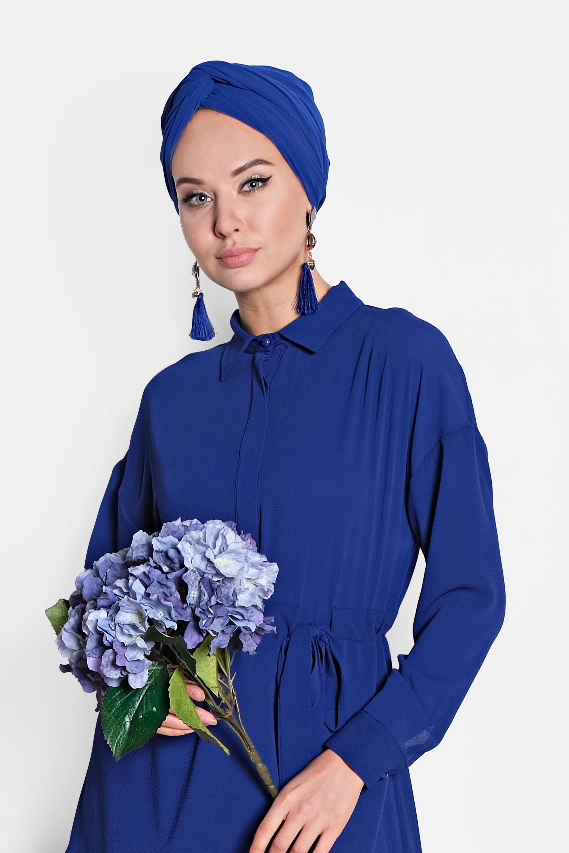 Tesettür giyim LACİVERT BELİ BÜZGÜLÜ BLUZ 4915