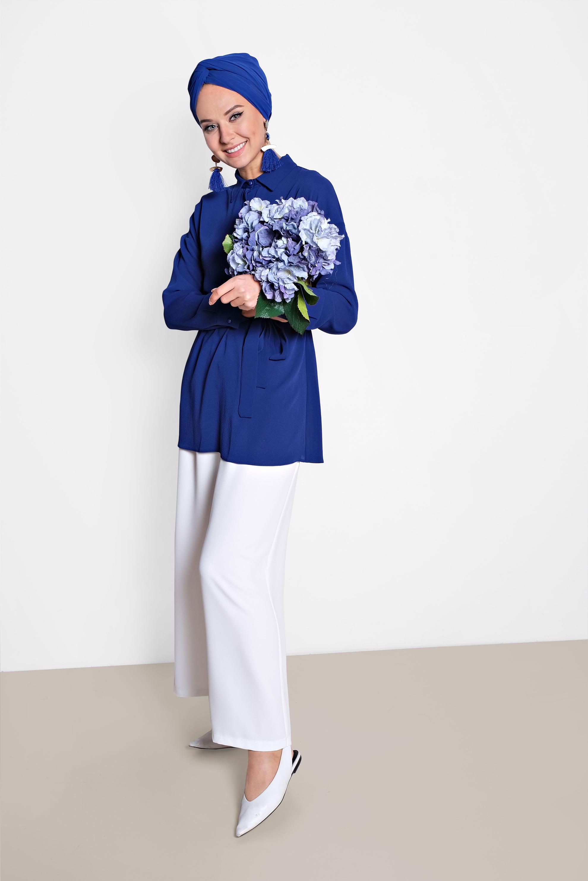 Tesettür giyim LACİVERT BELİ BÜZGÜLÜ BLUZ 4915