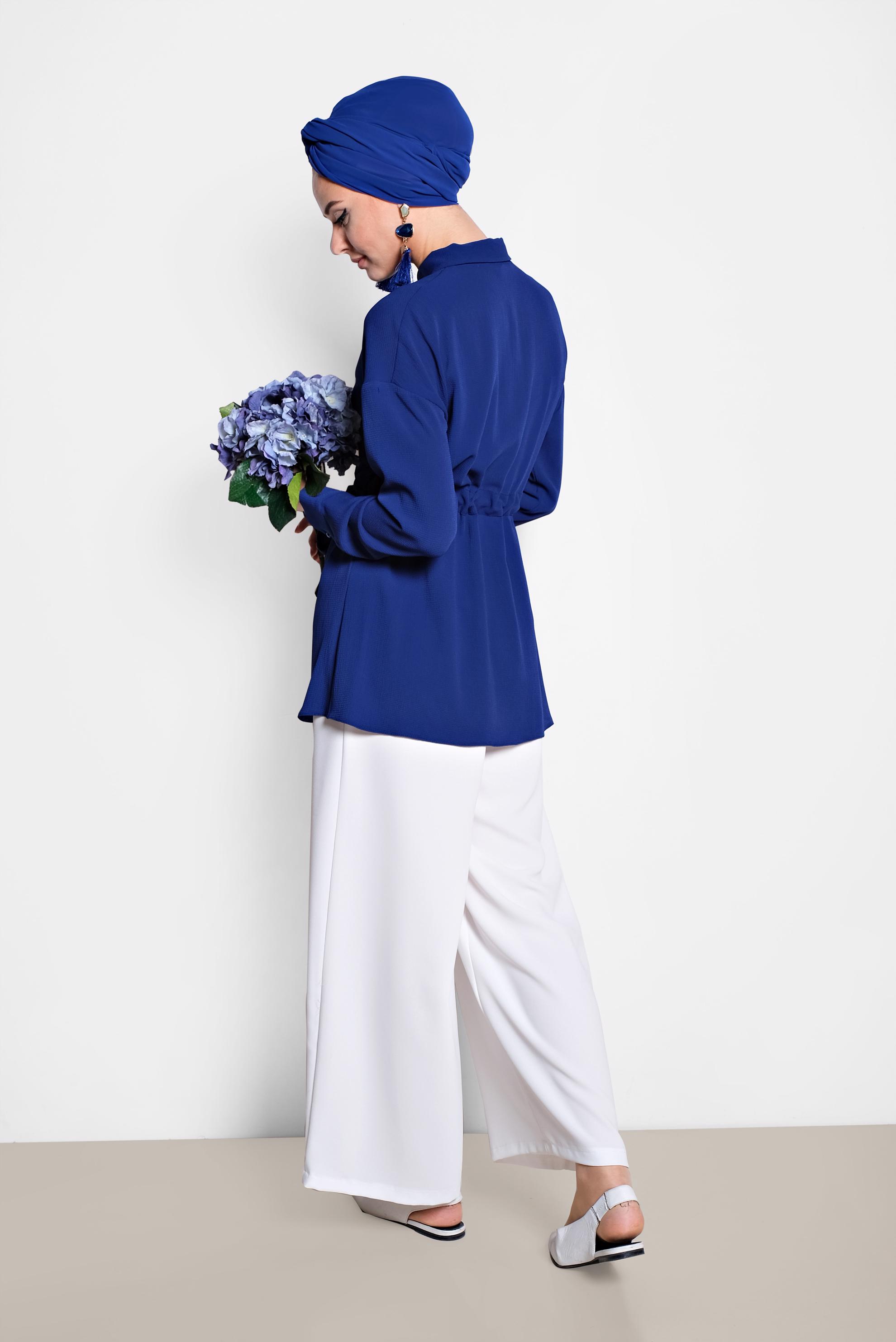 Tesettür giyim LACİVERT BELİ BÜZGÜLÜ BLUZ 4915