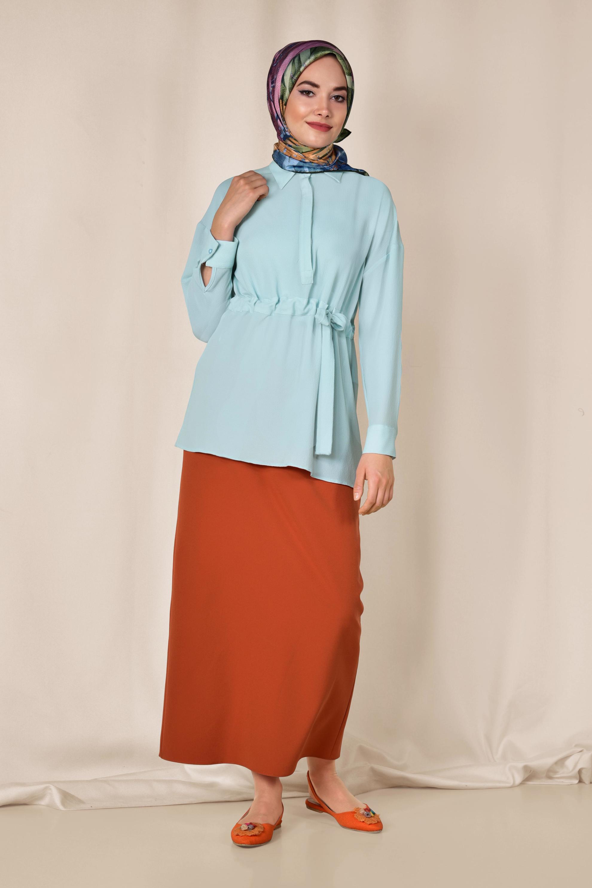 Tesettür giyim MAVİ BELİ BÜZGÜLÜ BLUZ 4915