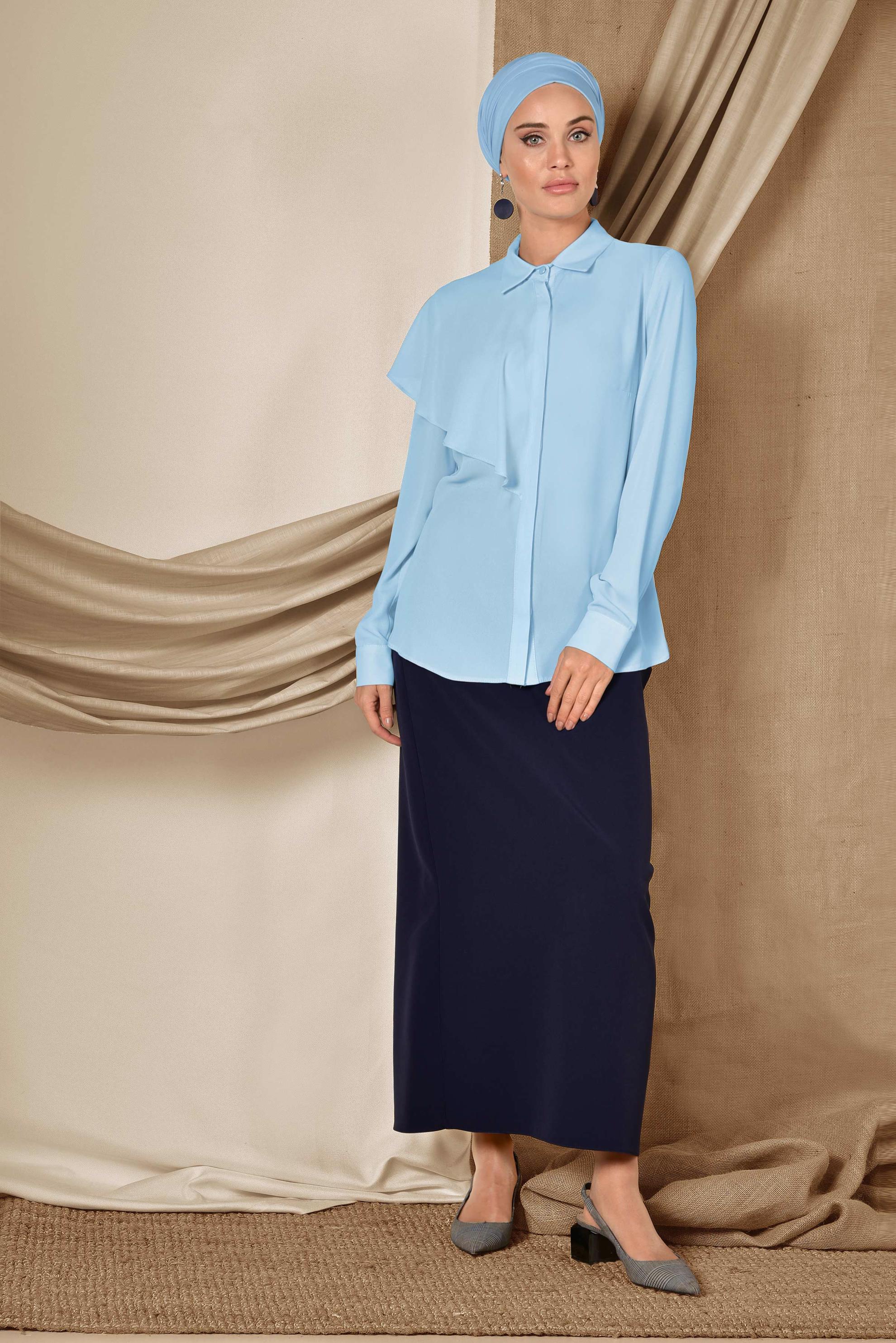 Tesettür giyim MAVİ TEK TARAFI VOLANLI BLUZ 4916