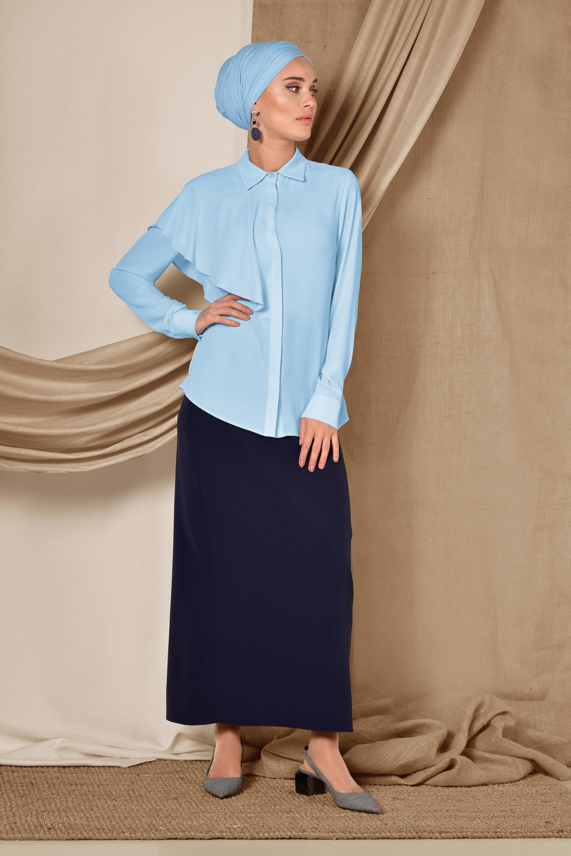 Tesettür giyim MAVİ TEK TARAFI VOLANLI BLUZ 4916