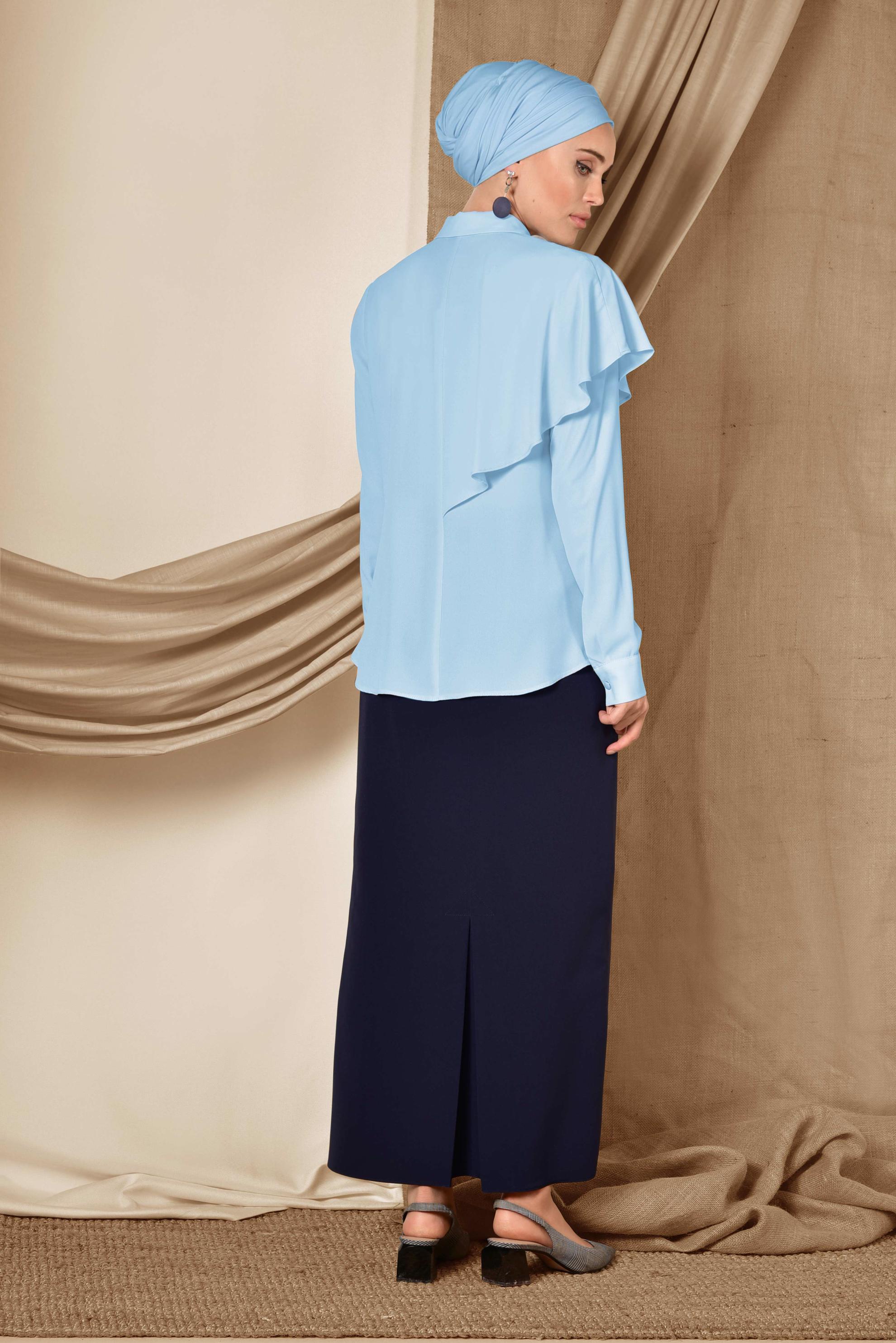 Tesettür giyim MAVİ TEK TARAFI VOLANLI BLUZ 4916