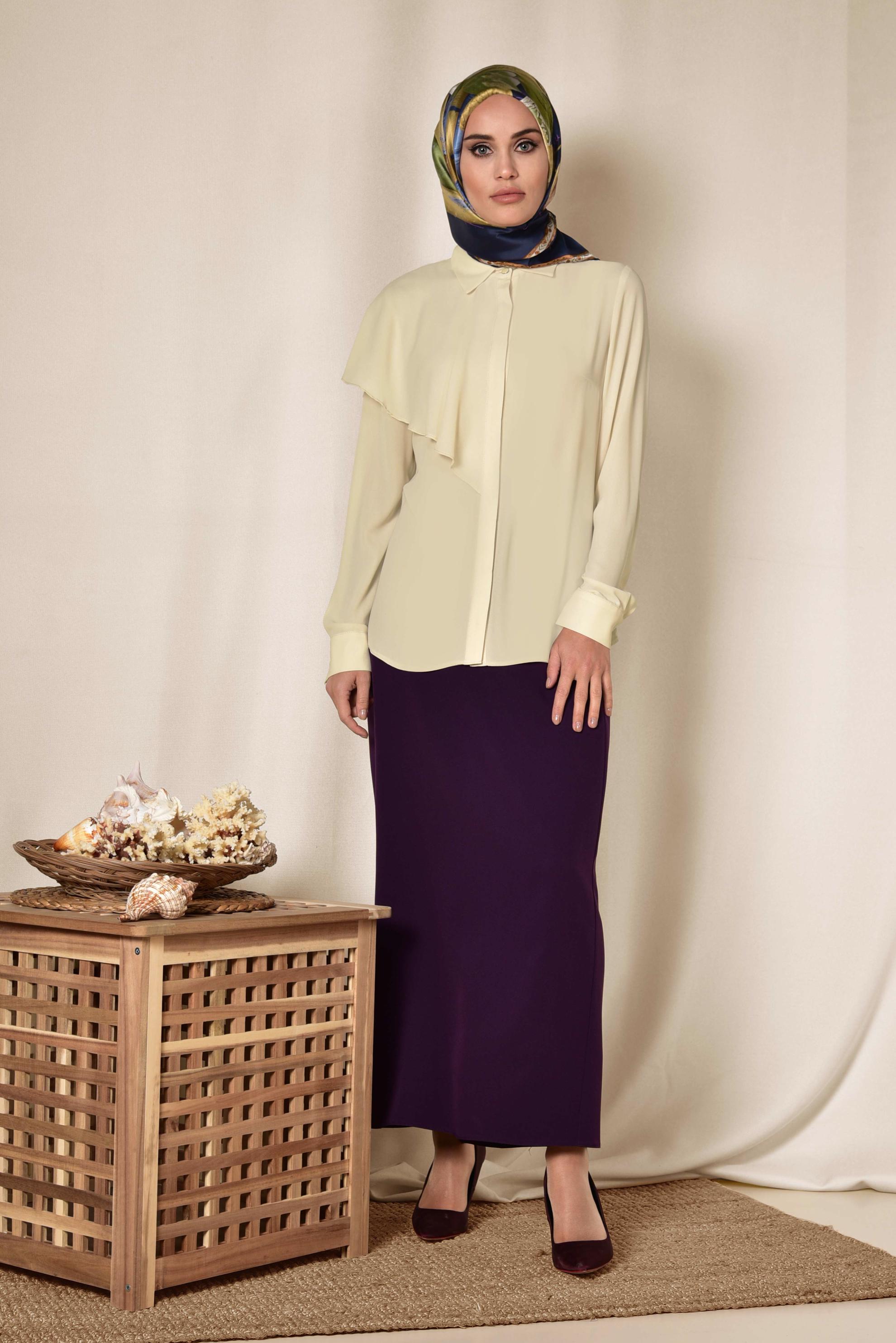 Tesettür giyim BEJ TEK TARAFI VOLANLI BLUZ 4916