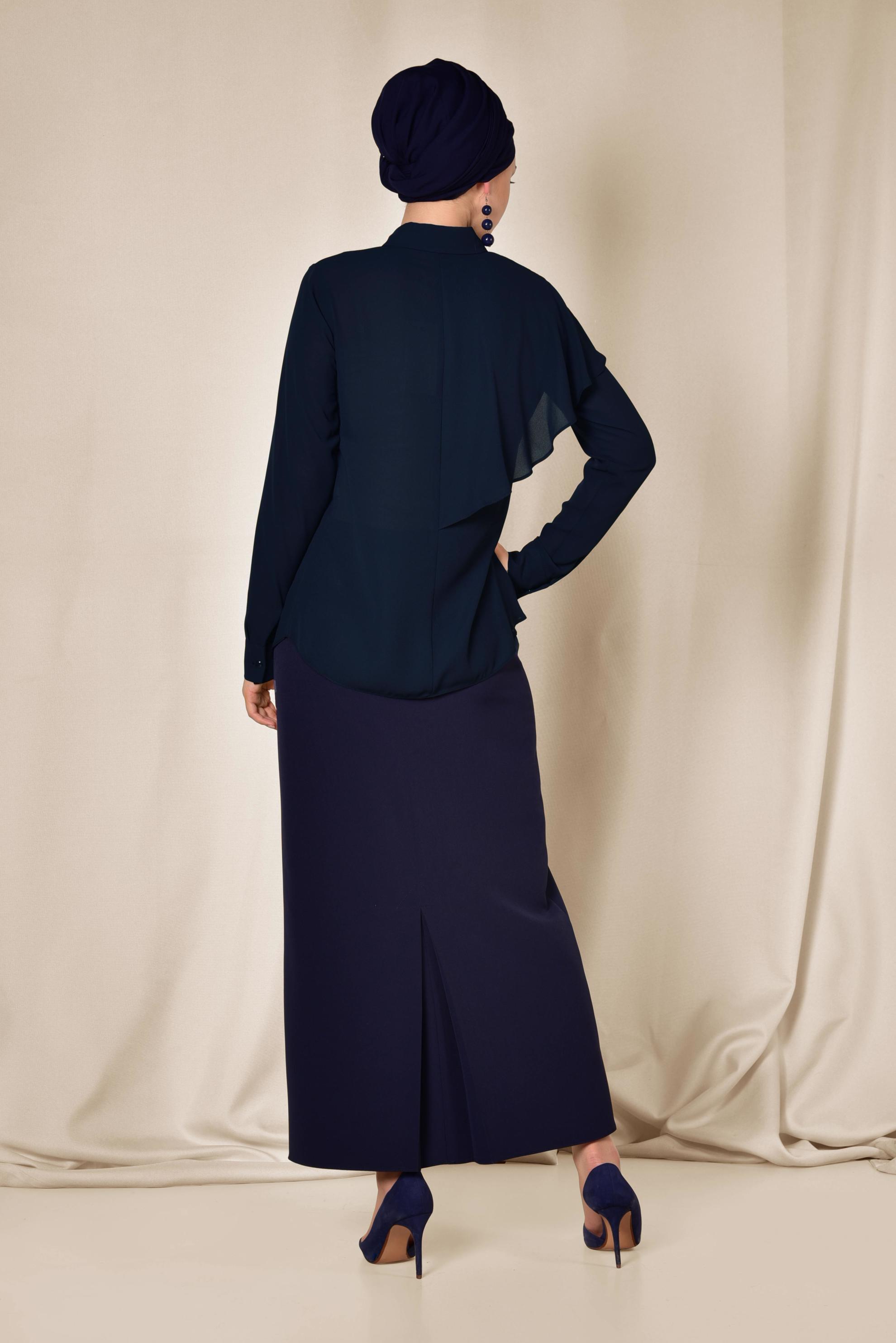 Tesettür giyim LACİVERT TEK TARAFI VOLANLI BLUZ 4916