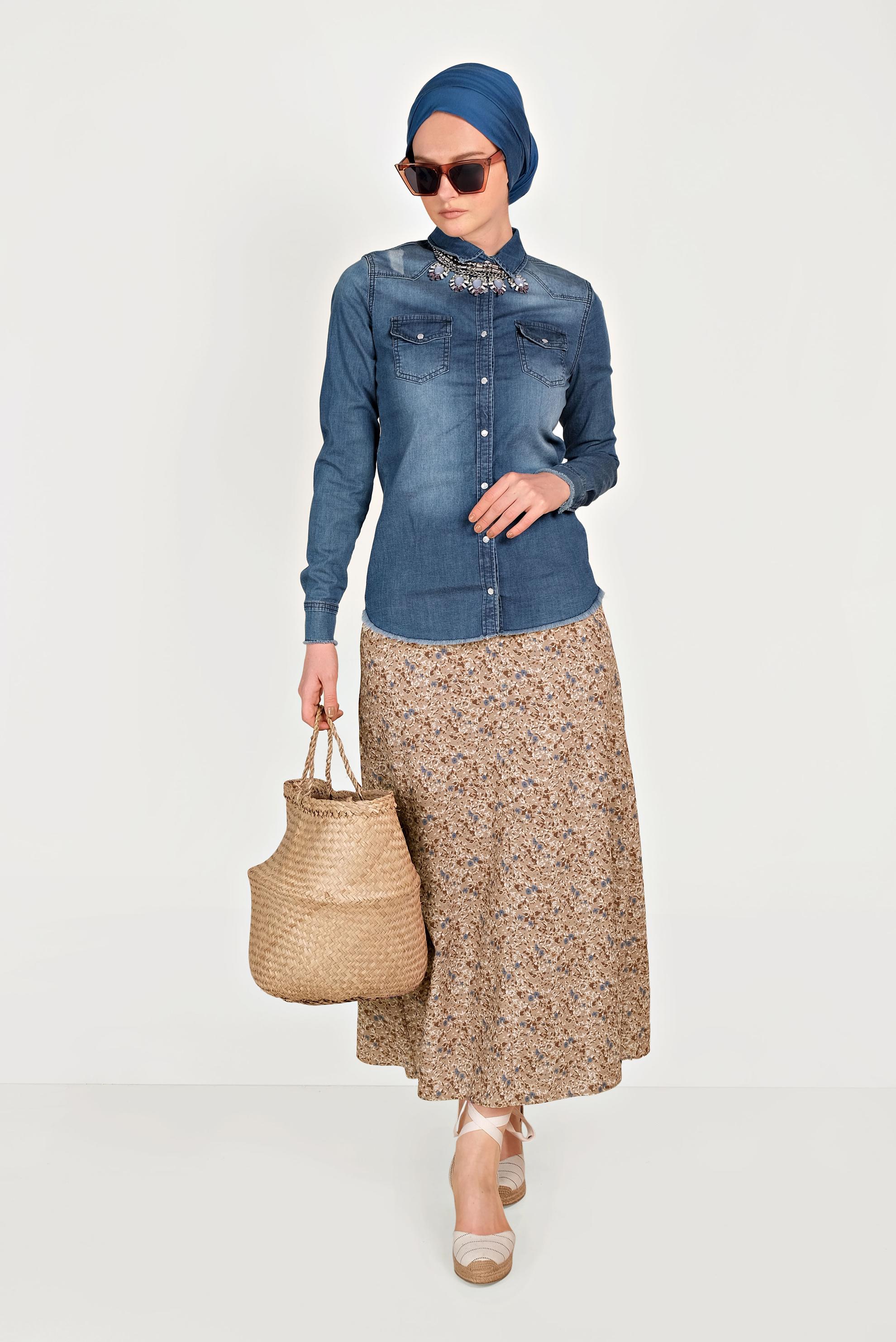 Tesettür giyim MAVİ ÖNDEN ÇITÇITLI DENİM BLUZ 4956