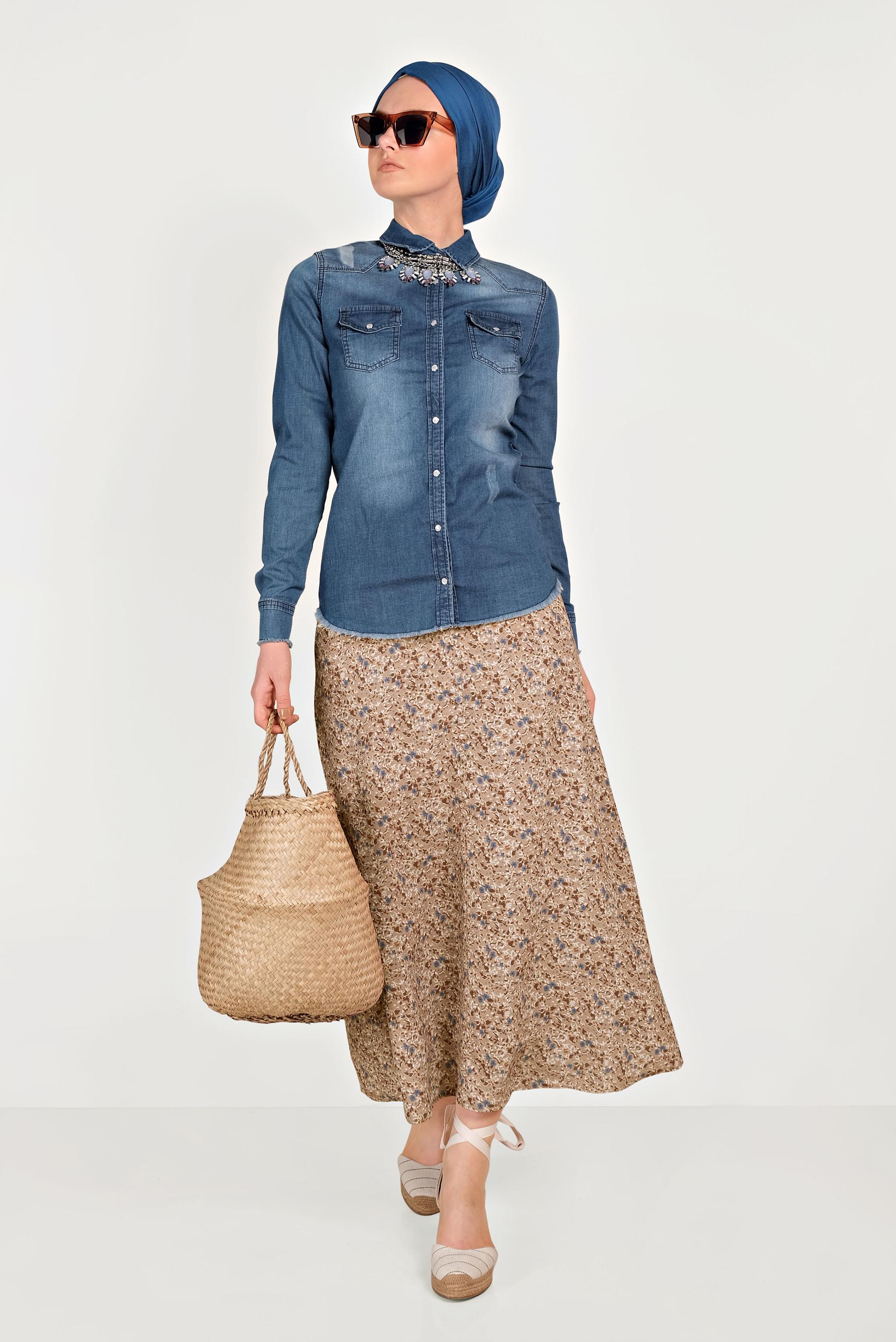 Tesettür giyim MAVİ ÖNDEN ÇITÇITLI DENİM BLUZ 4956