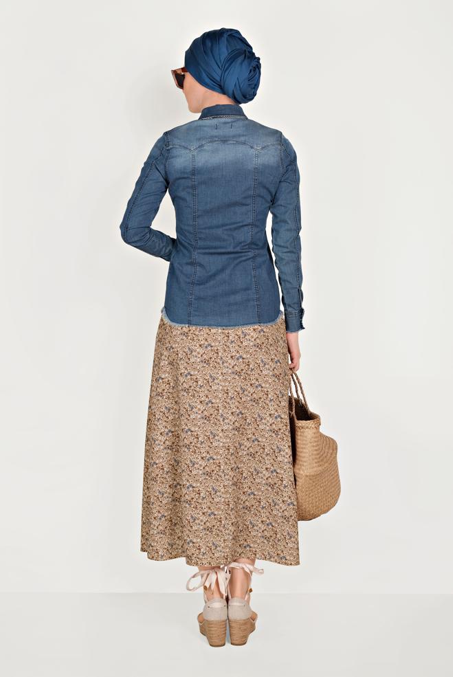 Hijab clothing BLUE  Snap Front Denim Blouse 4956 - ALVİNA