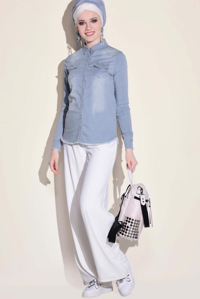 Hijab clothing BLUE  Snap Front Denim Blouse 4956  - ALVİNA