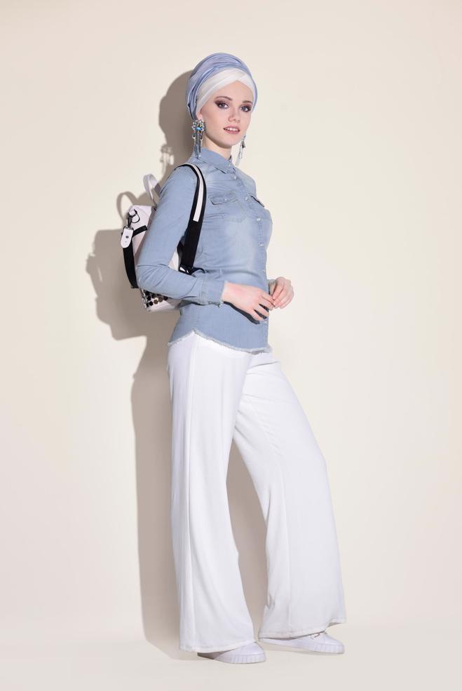 Hijab clothing BLUE  Snap Front Denim Blouse 4956  - ALVİNA