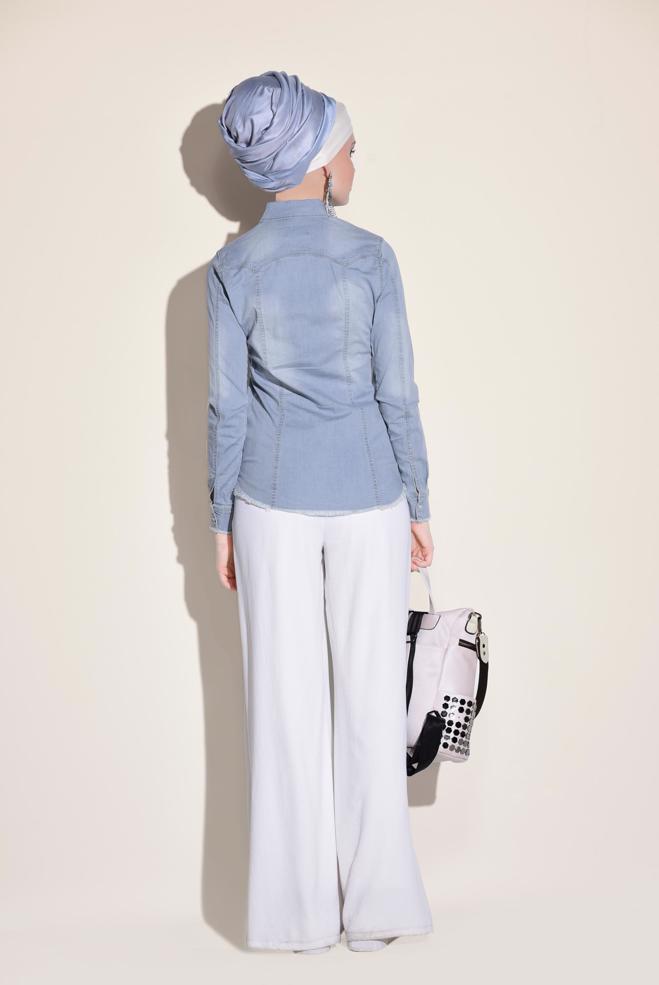 Hijab clothing BLUE  Snap Front Denim Blouse 4956  - ALVİNA