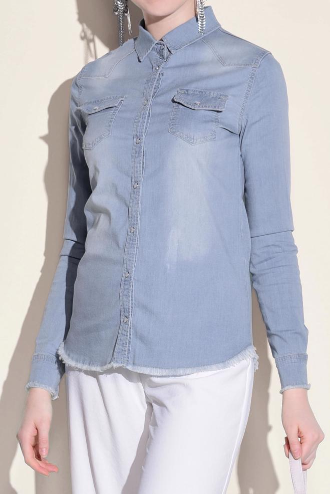 Hijab clothing BLUE  Snap Front Denim Blouse 4956  - ALVİNA
