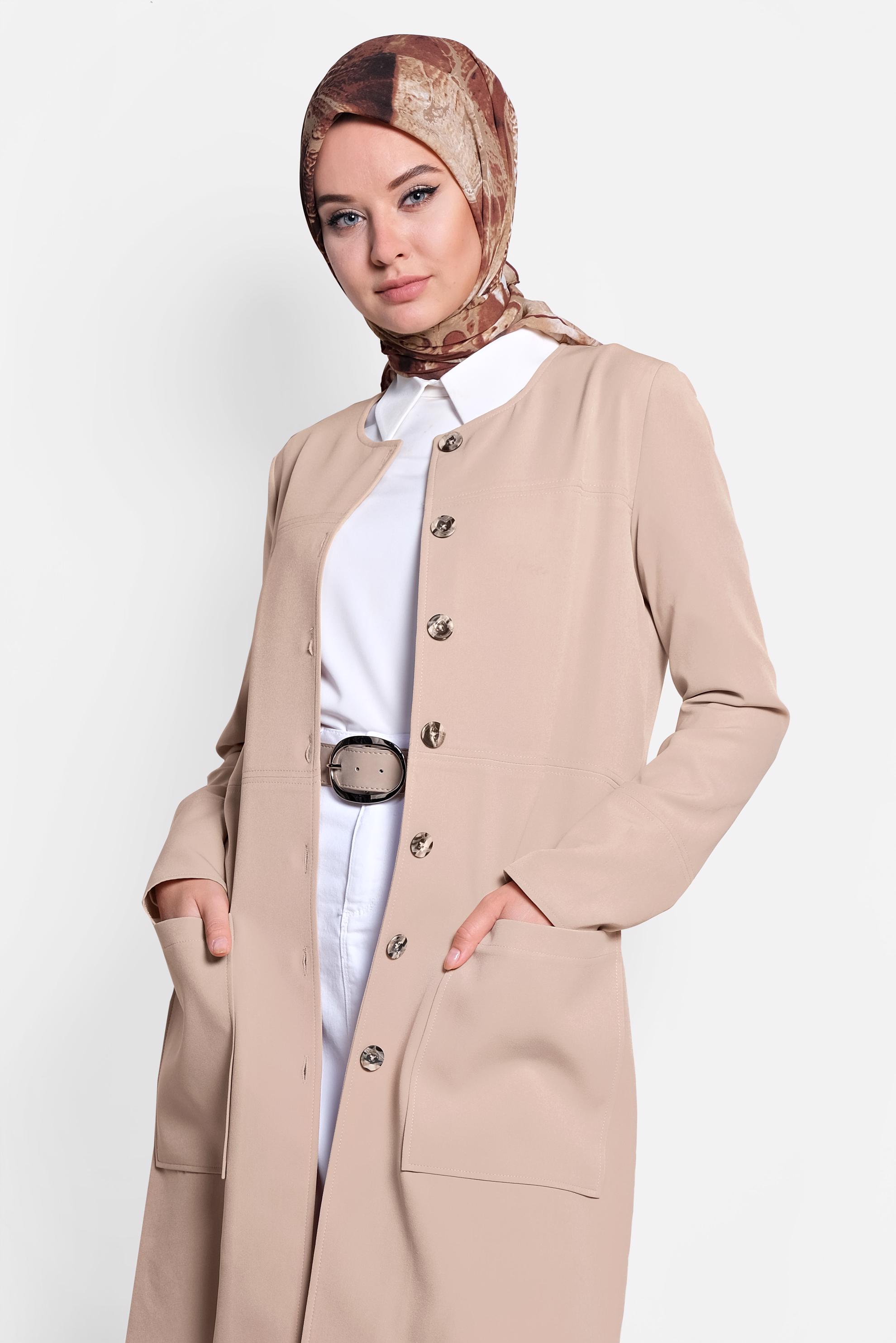 Hijab clothing BEIGE Pocket Front Buttoned Jacket 4001 