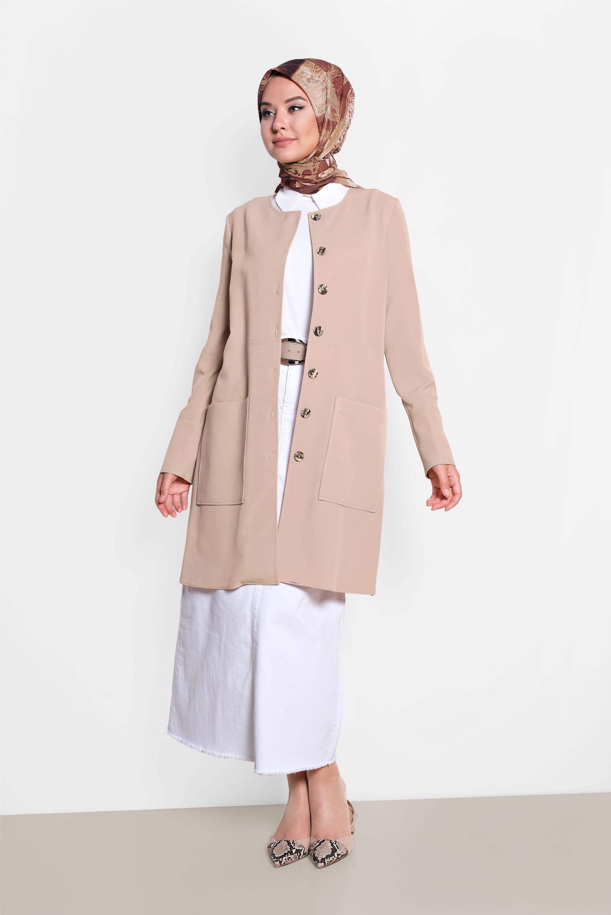 Hijab clothing BEIGE Pocket Front Buttoned Jacket 4001 