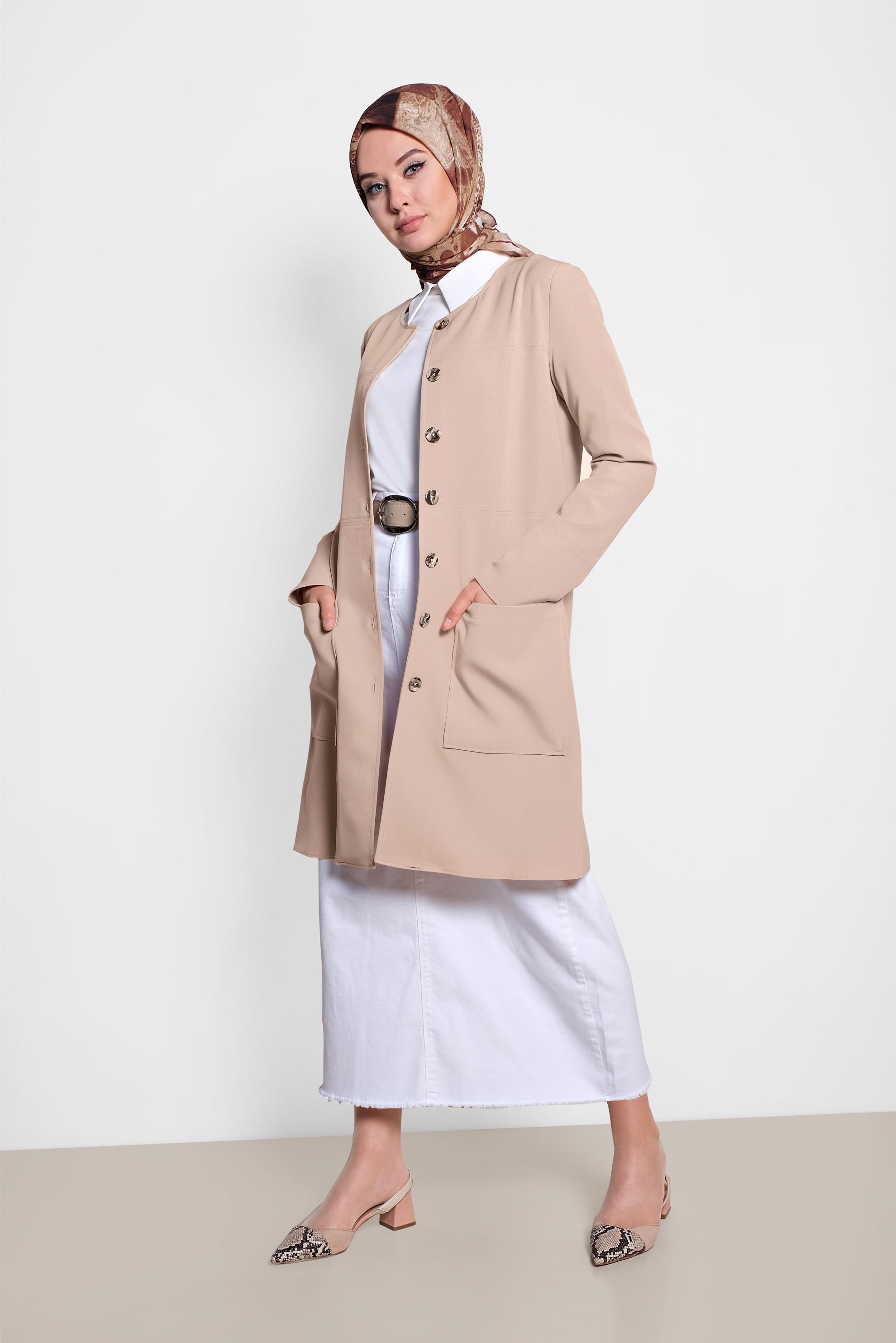 Hijab clothing BEIGE Pocket Front Buttoned Jacket 4001 