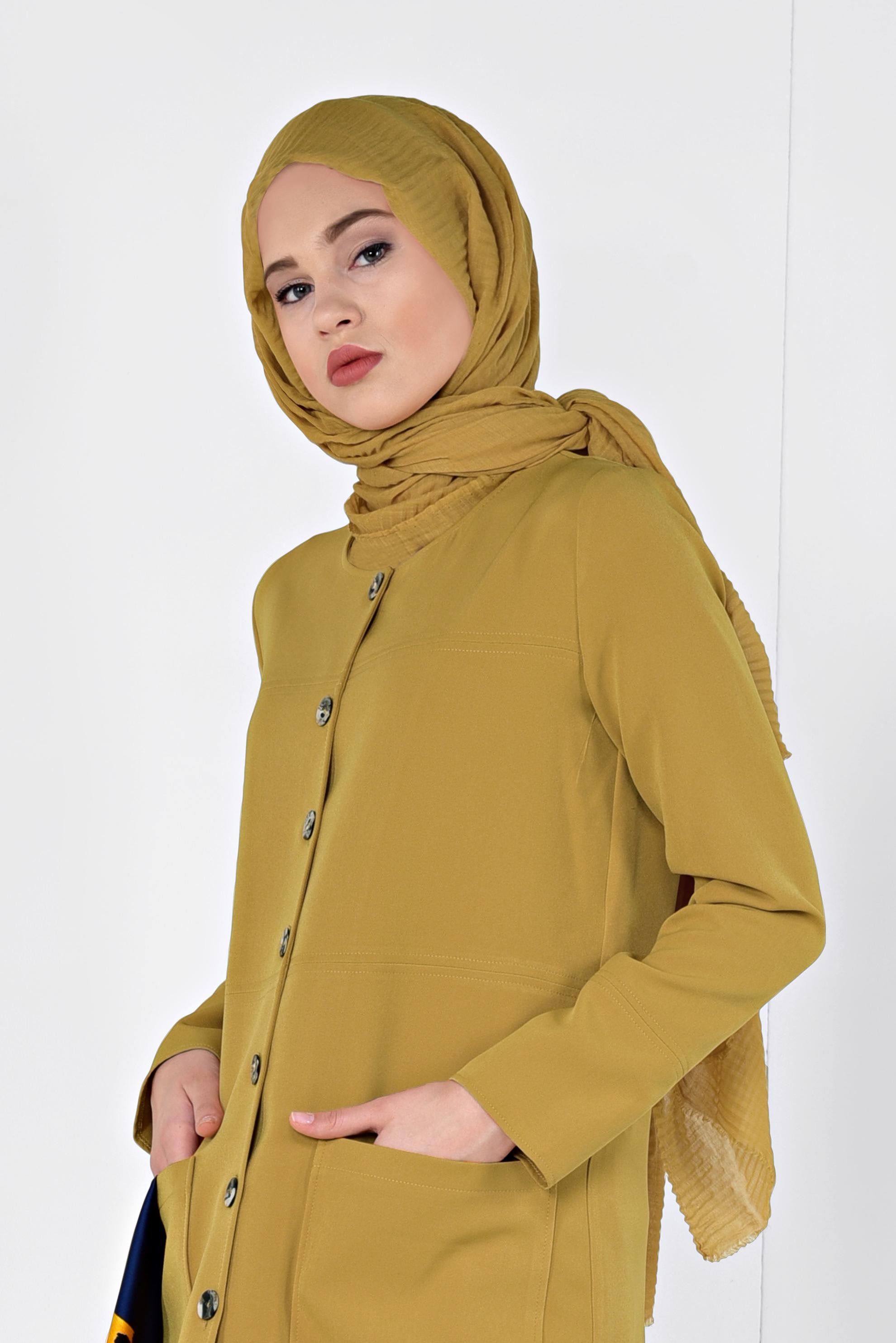 Tesettür giyim SARI TORBA CEPLİ BOYDAN DÜĞMELİ CEKET 4001