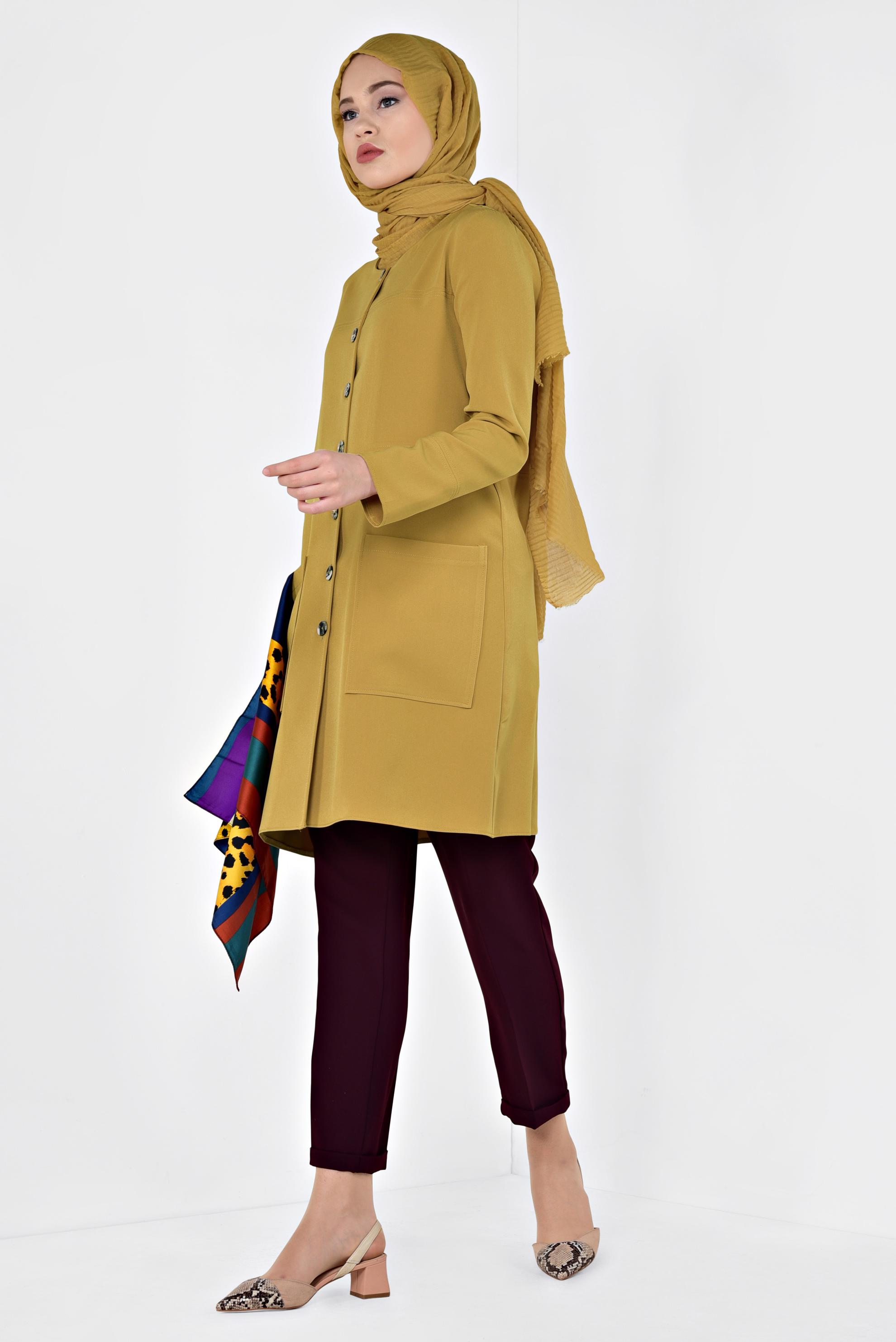 Tesettür giyim SARI TORBA CEPLİ BOYDAN DÜĞMELİ CEKET 4001