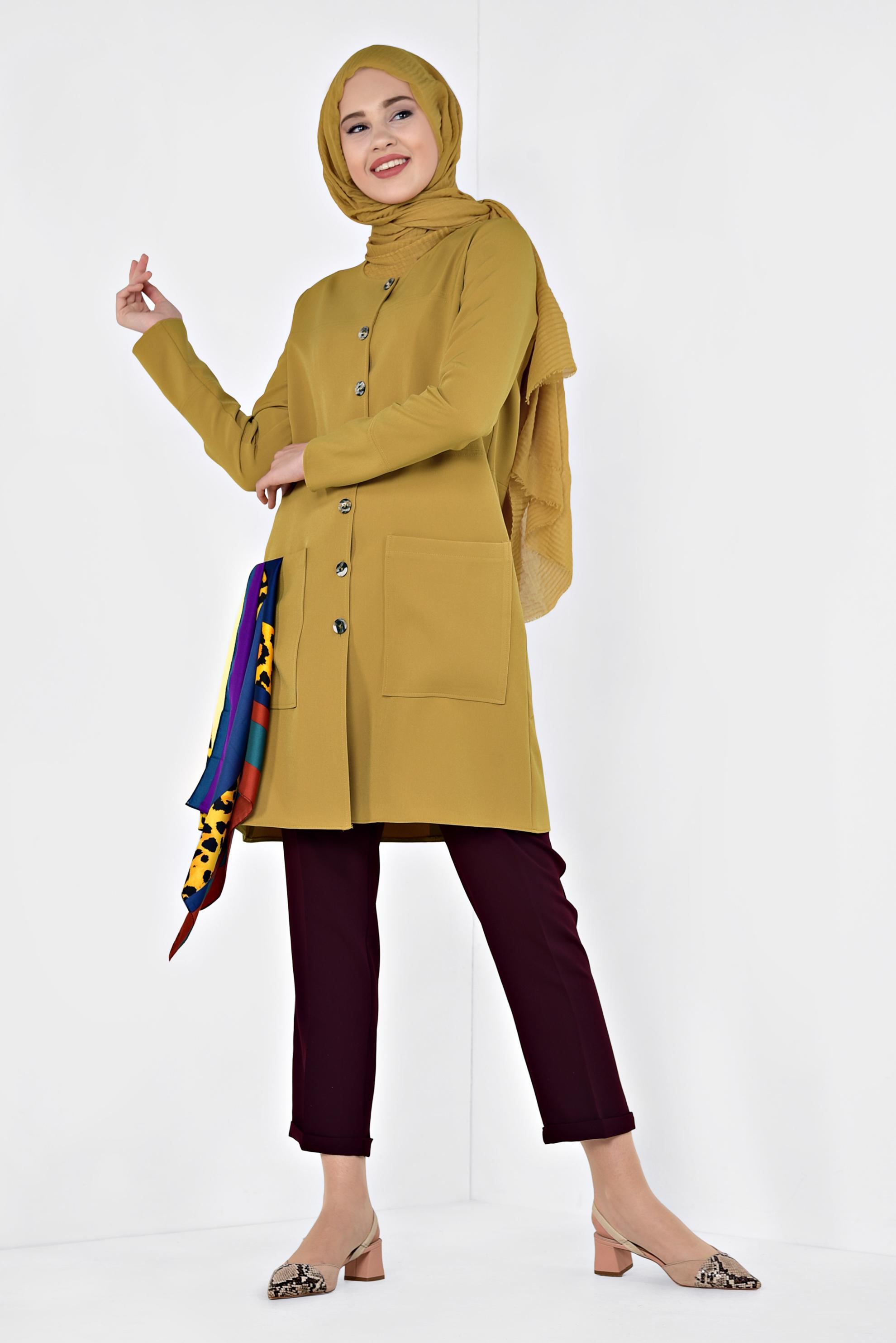 Tesettür giyim SARI TORBA CEPLİ BOYDAN DÜĞMELİ CEKET 4001