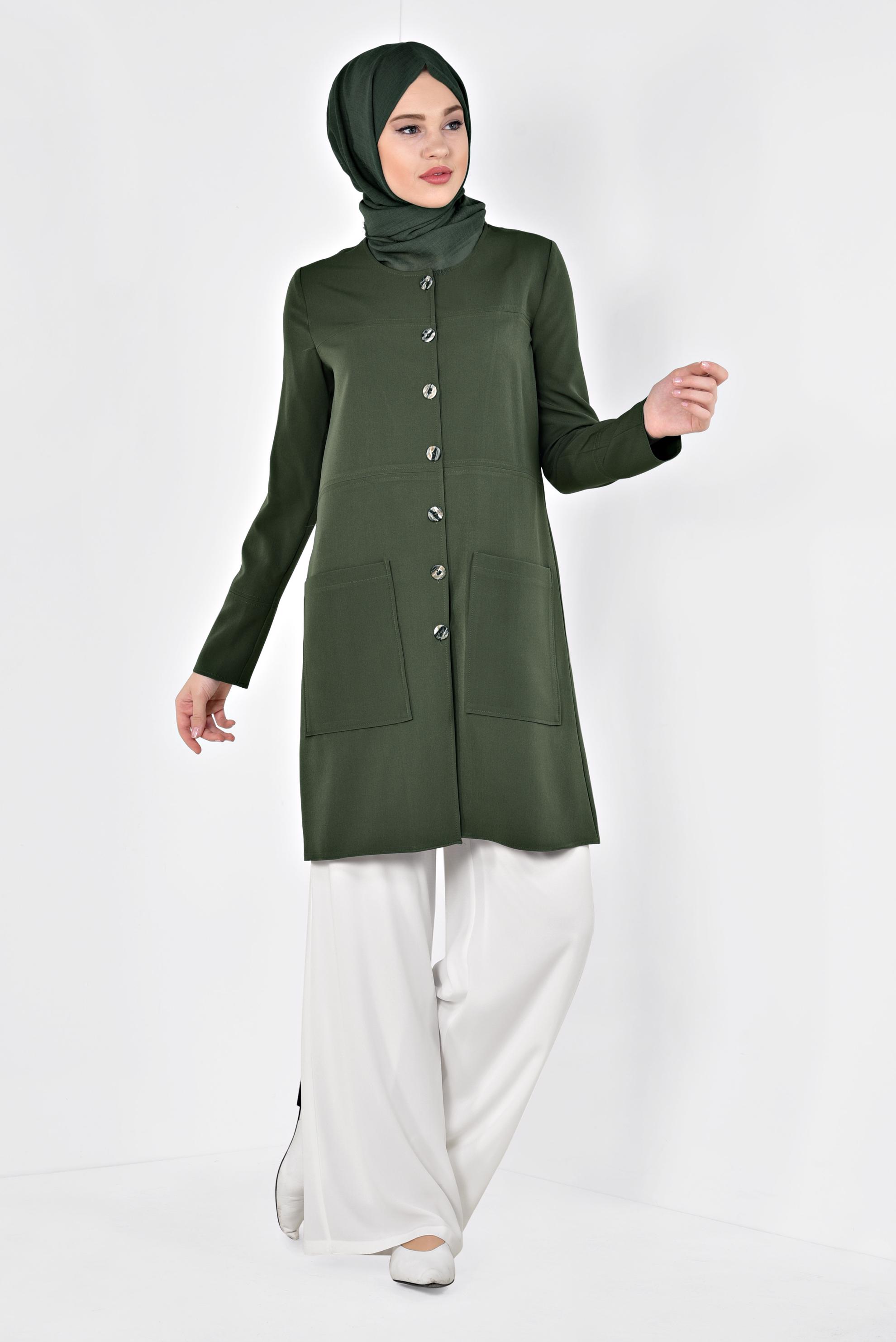 Tesettür giyim HAKİ TORBA CEPLİ BOYDAN DÜĞMELİ CEKET 4001