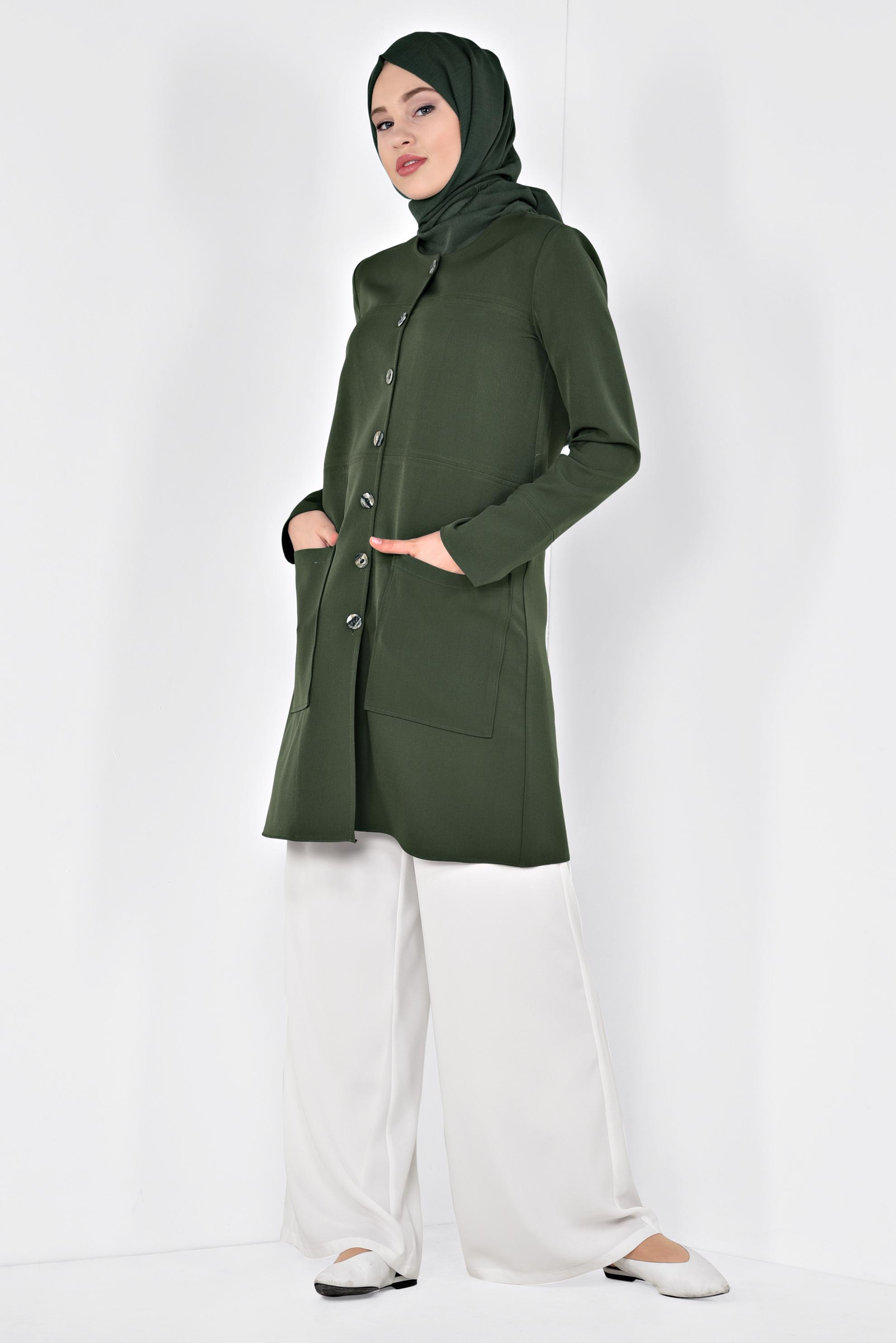 Tesettür giyim HAKİ TORBA CEPLİ BOYDAN DÜĞMELİ CEKET 4001