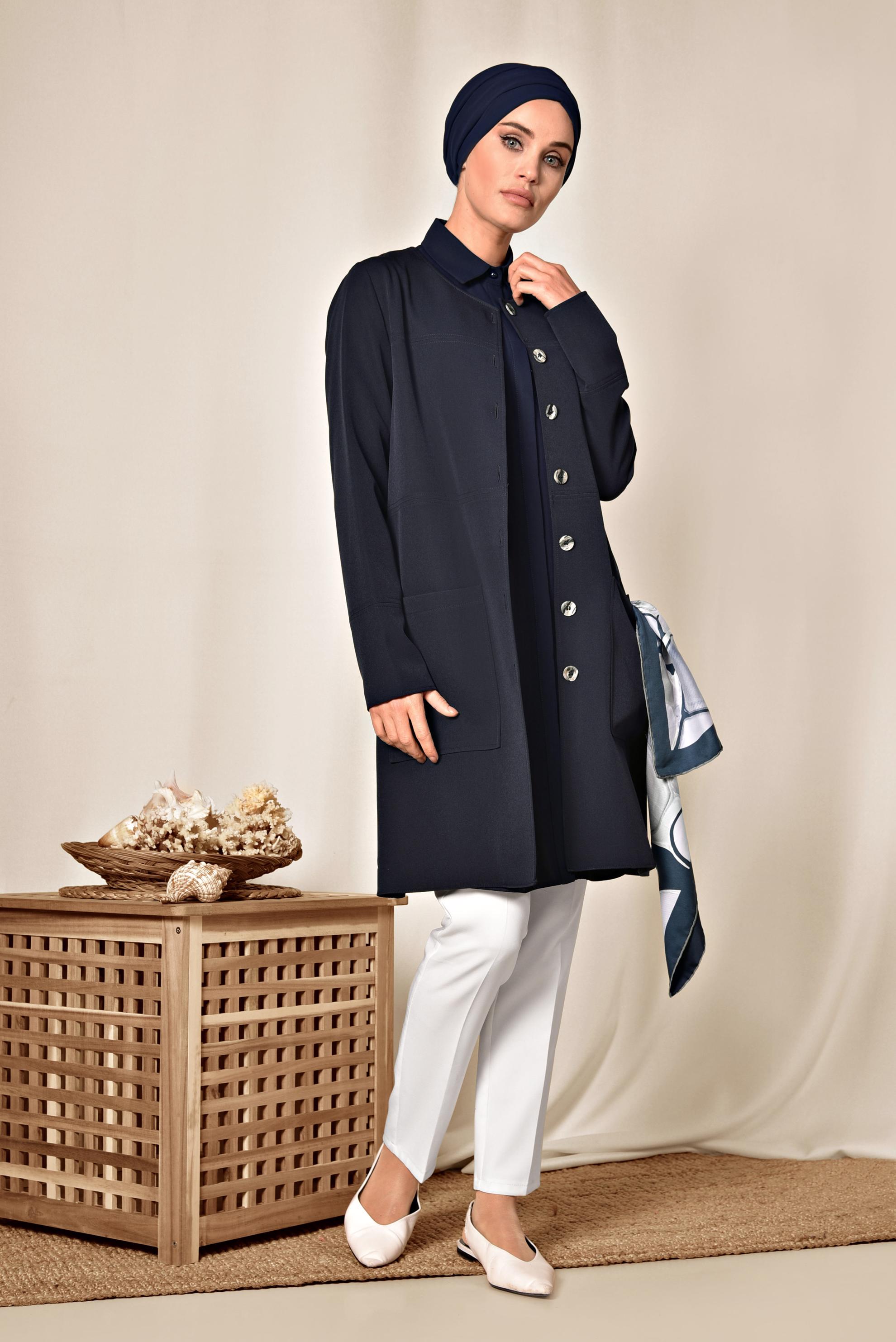 Tesettür giyim LACİVERT TORBA CEPLİ BOYDAN DÜĞMELİ CEKET 4001