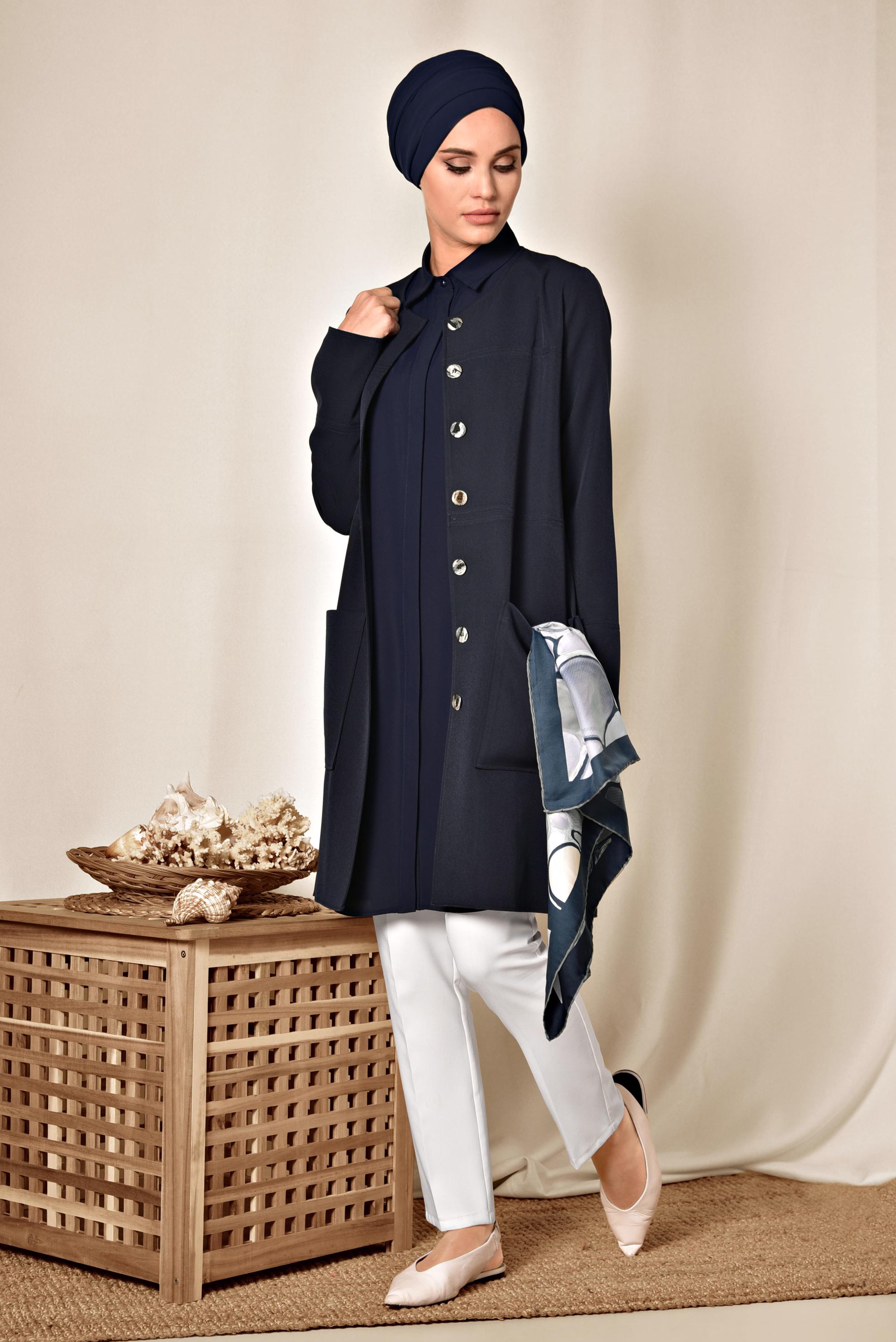 Tesettür giyim LACİVERT TORBA CEPLİ BOYDAN DÜĞMELİ CEKET 4001