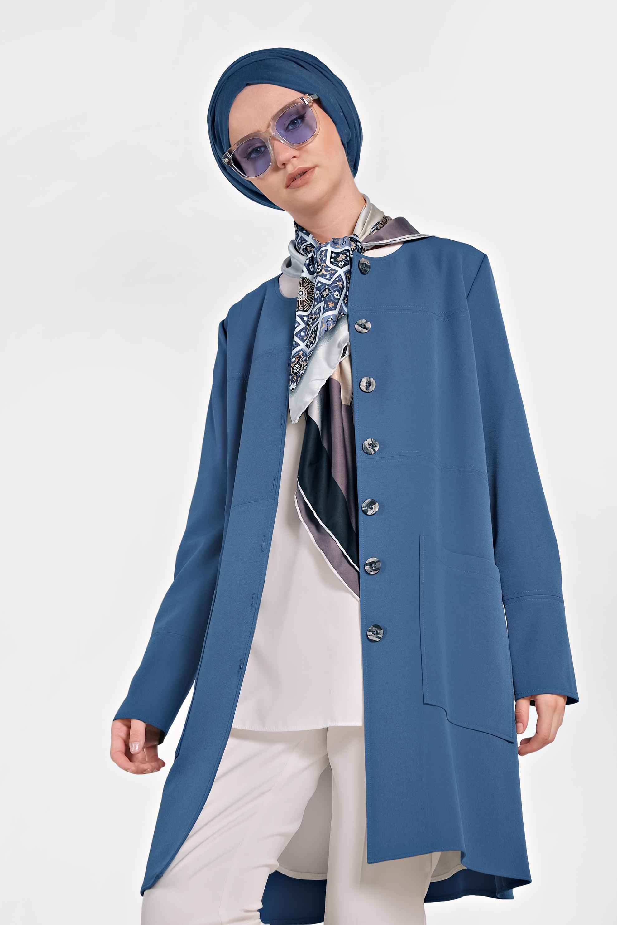 Hijab clothing NAVY BLUE Pocket Front Buttoned Jacket 4001 