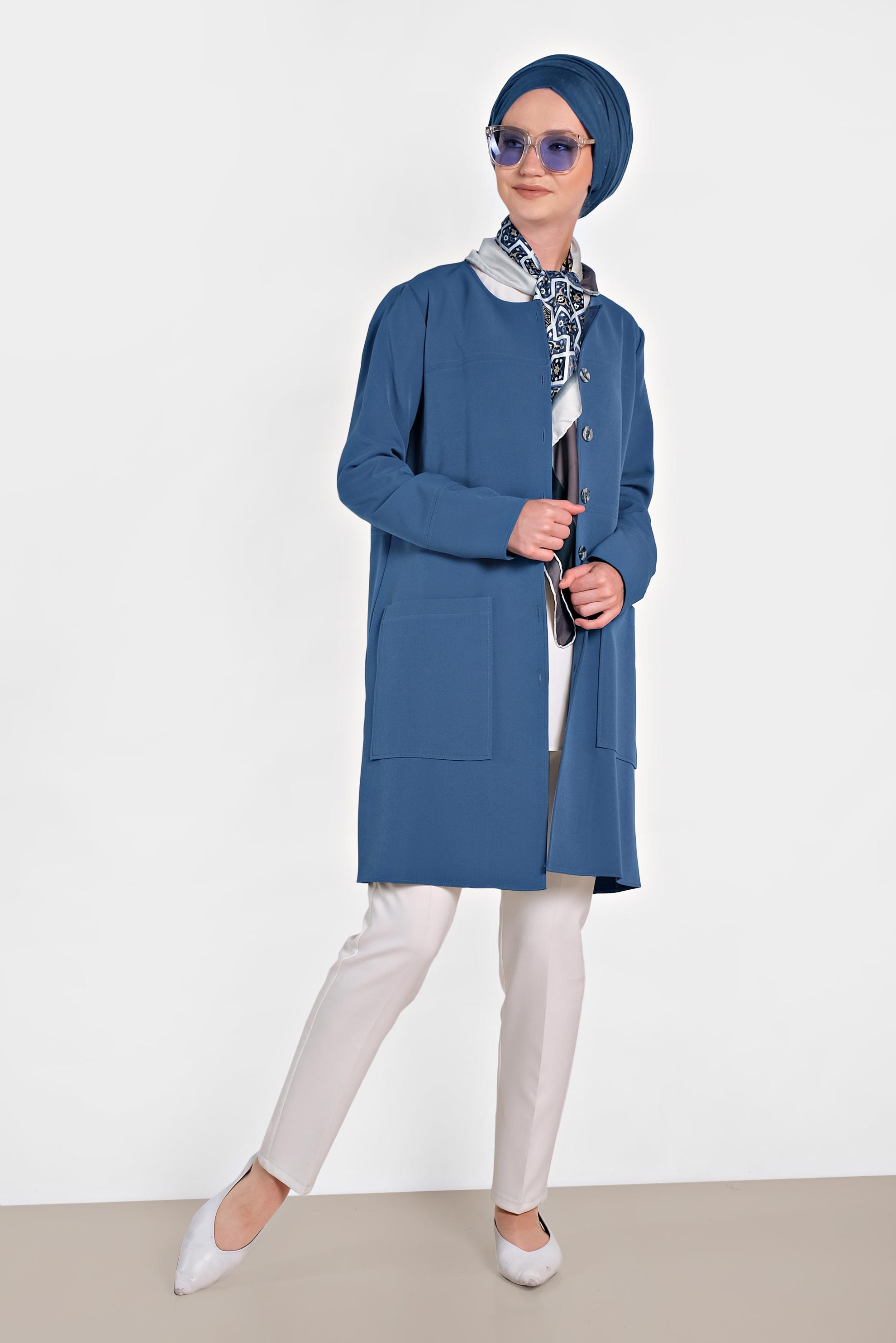 Hijab clothing NAVY BLUE Pocket Front Buttoned Jacket 4001 