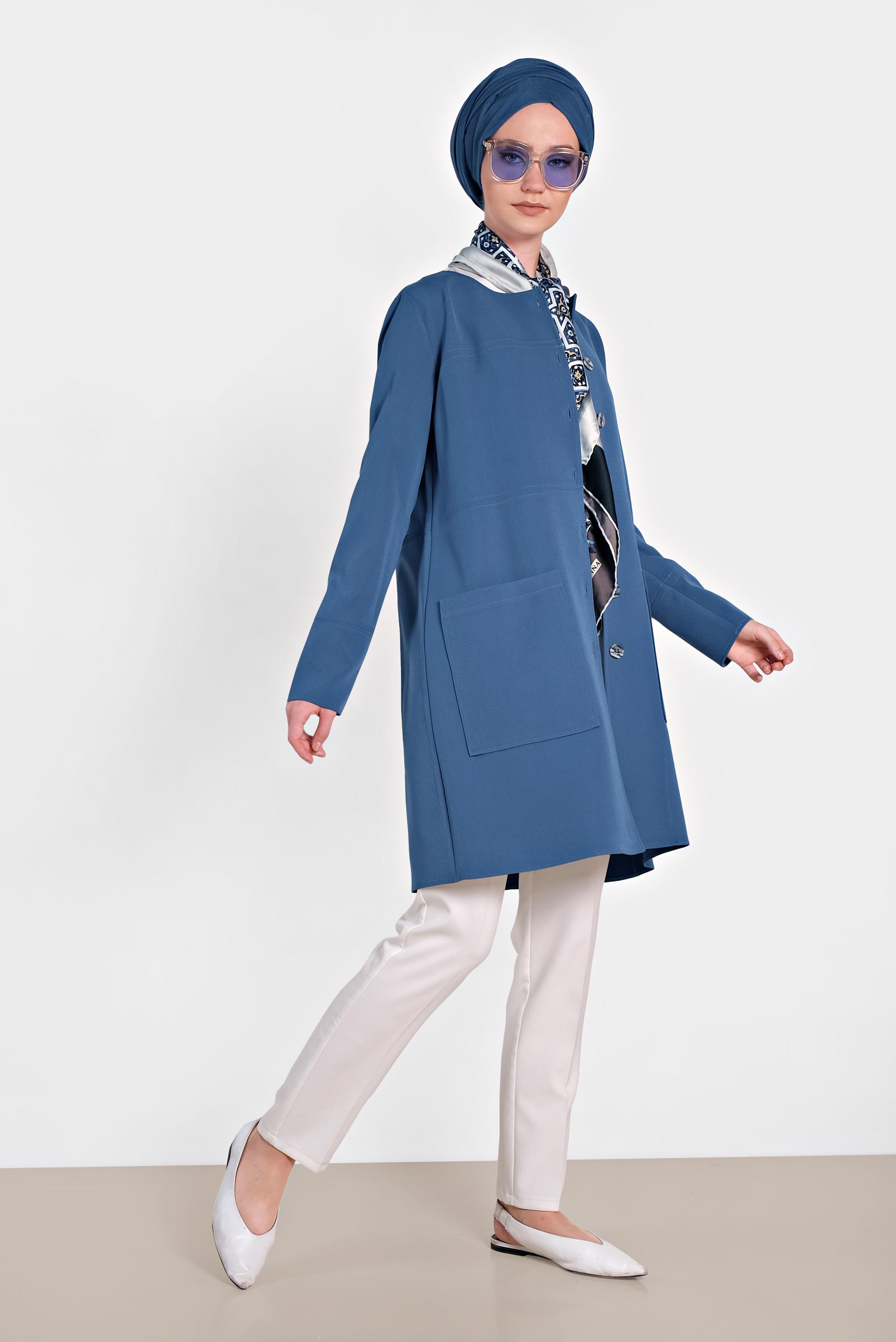 Hijab clothing NAVY BLUE Pocket Front Buttoned Jacket 4001 