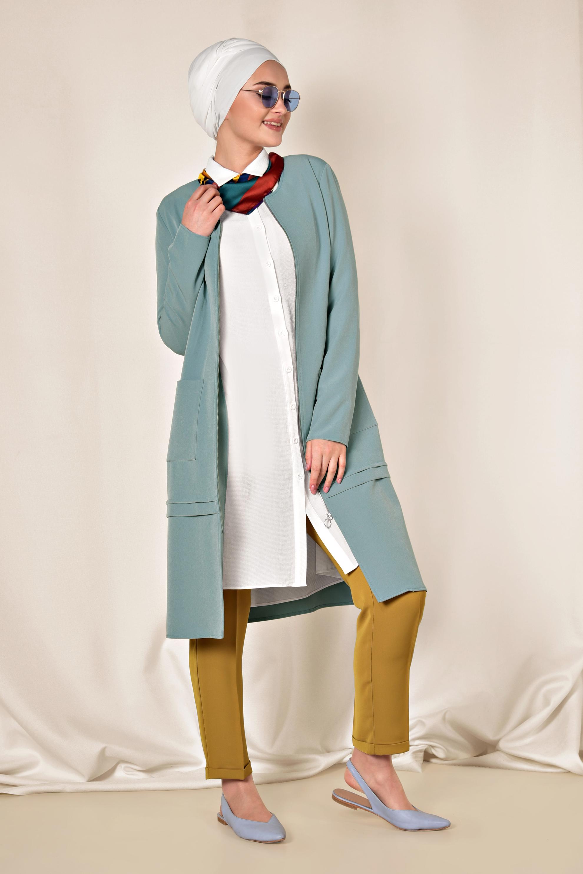 Tesettür giyim MAVİ TORBA CEP DETAYLI FERMUARLI CEKET 4002