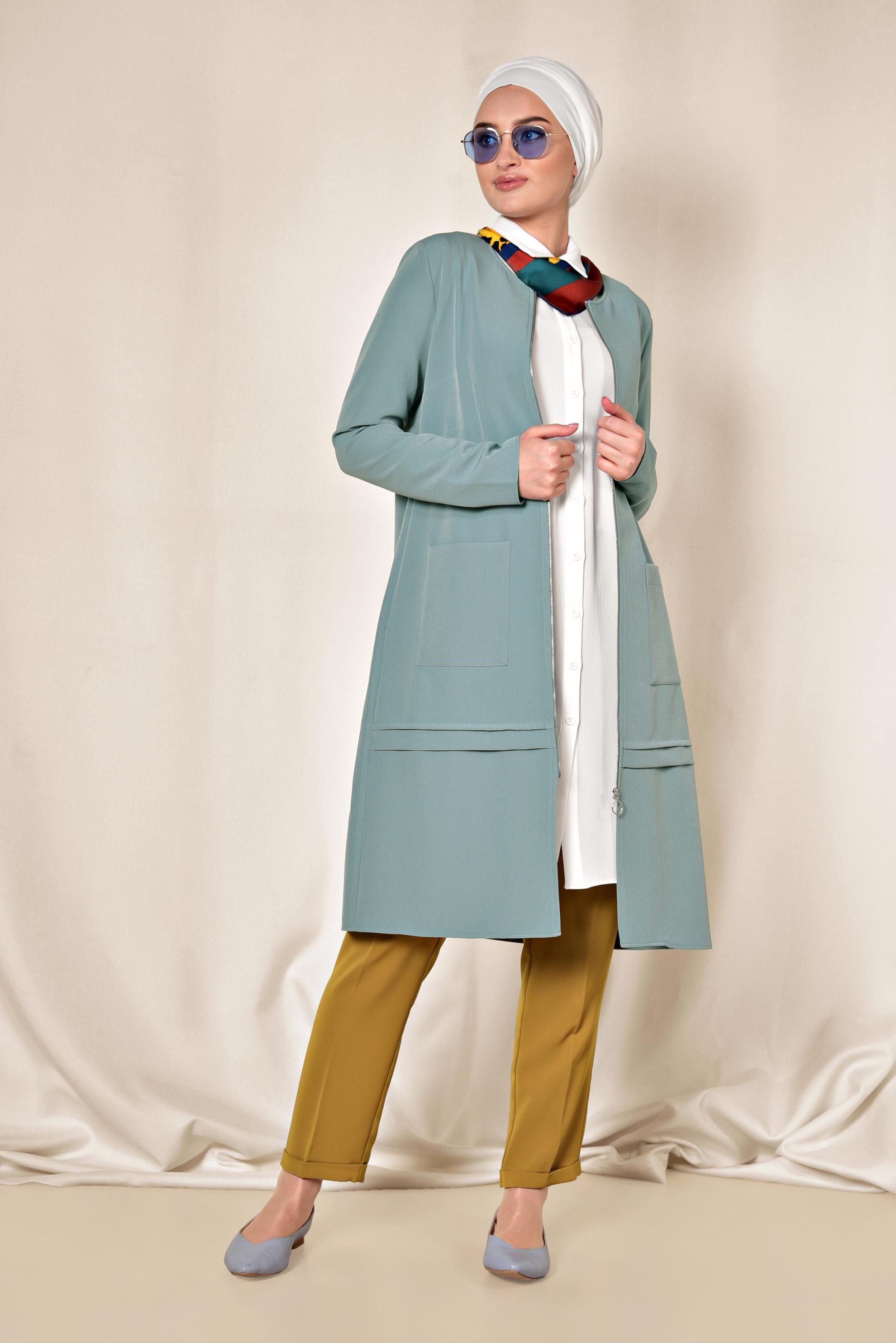 Tesettür giyim MAVİ TORBA CEP DETAYLI FERMUARLI CEKET 4002