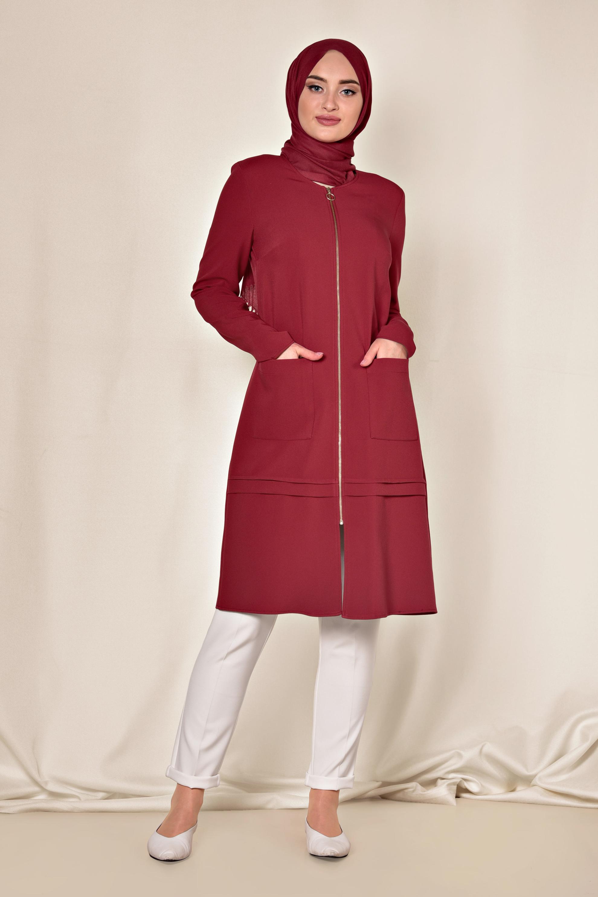 Tesettür giyim KIRMIZI TORBA CEP DETAYLI FERMUARLI CEKET 4002