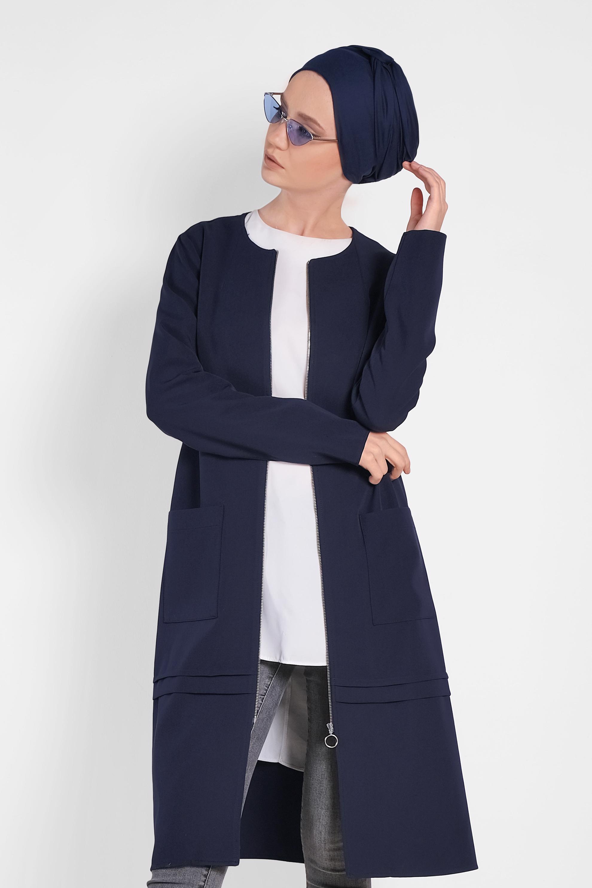 Tesettür giyim LACİVERT TORBA CEP DETAYLI FERMUARLI CEKET 4002