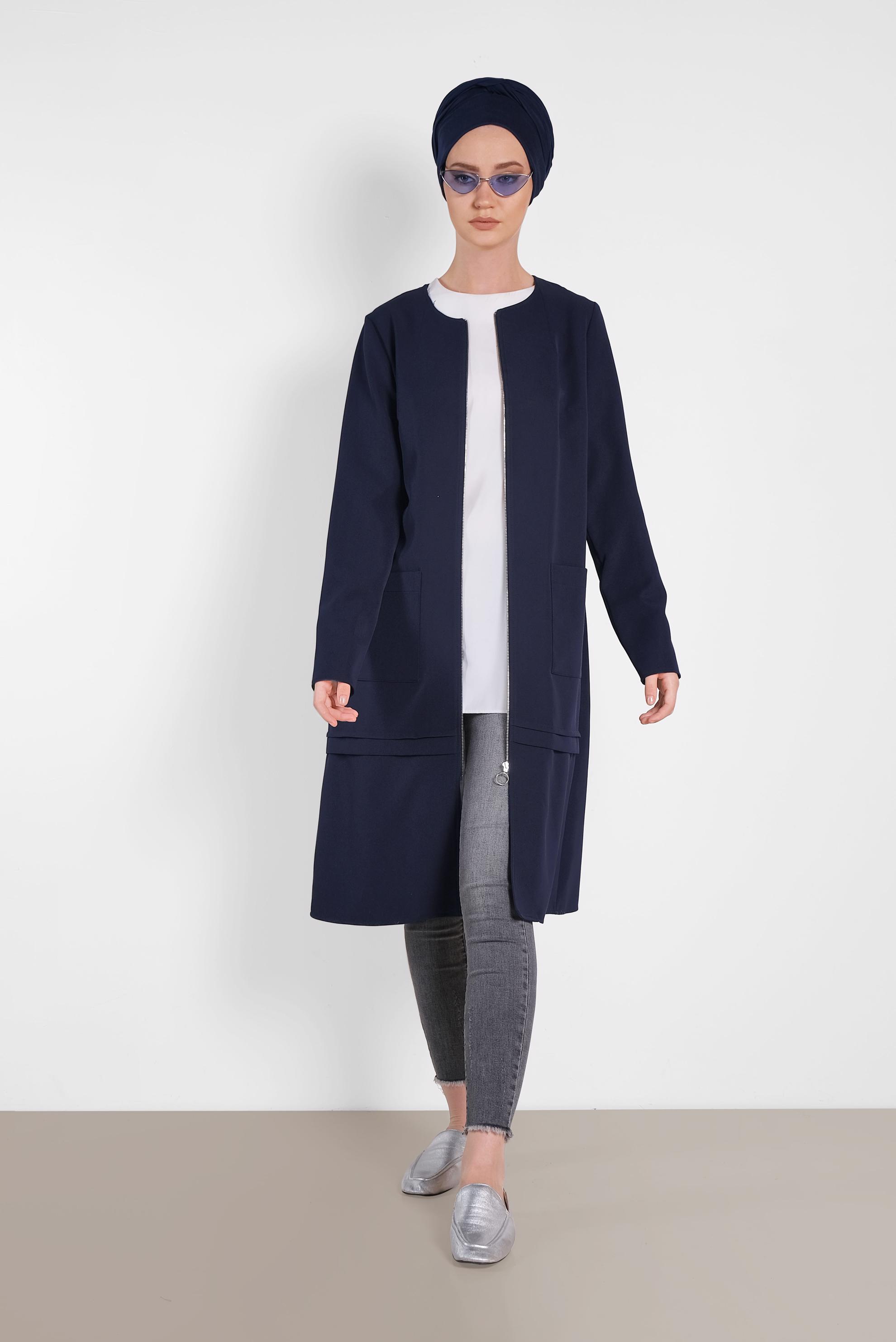 Tesettür giyim LACİVERT TORBA CEP DETAYLI FERMUARLI CEKET 4002