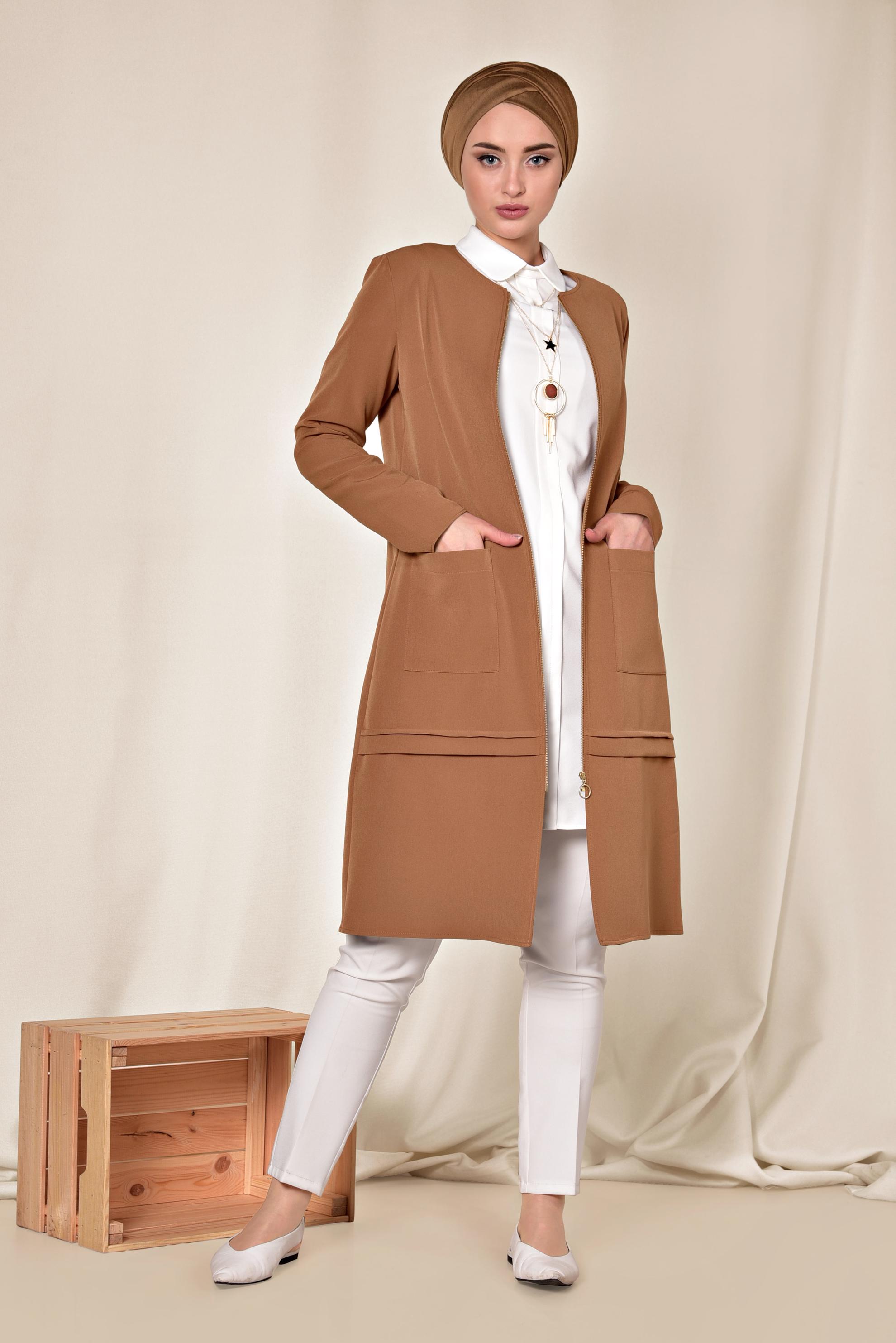 Tesettür giyim TABA TORBA CEP DETAYLI FERMUARLI CEKET 4002