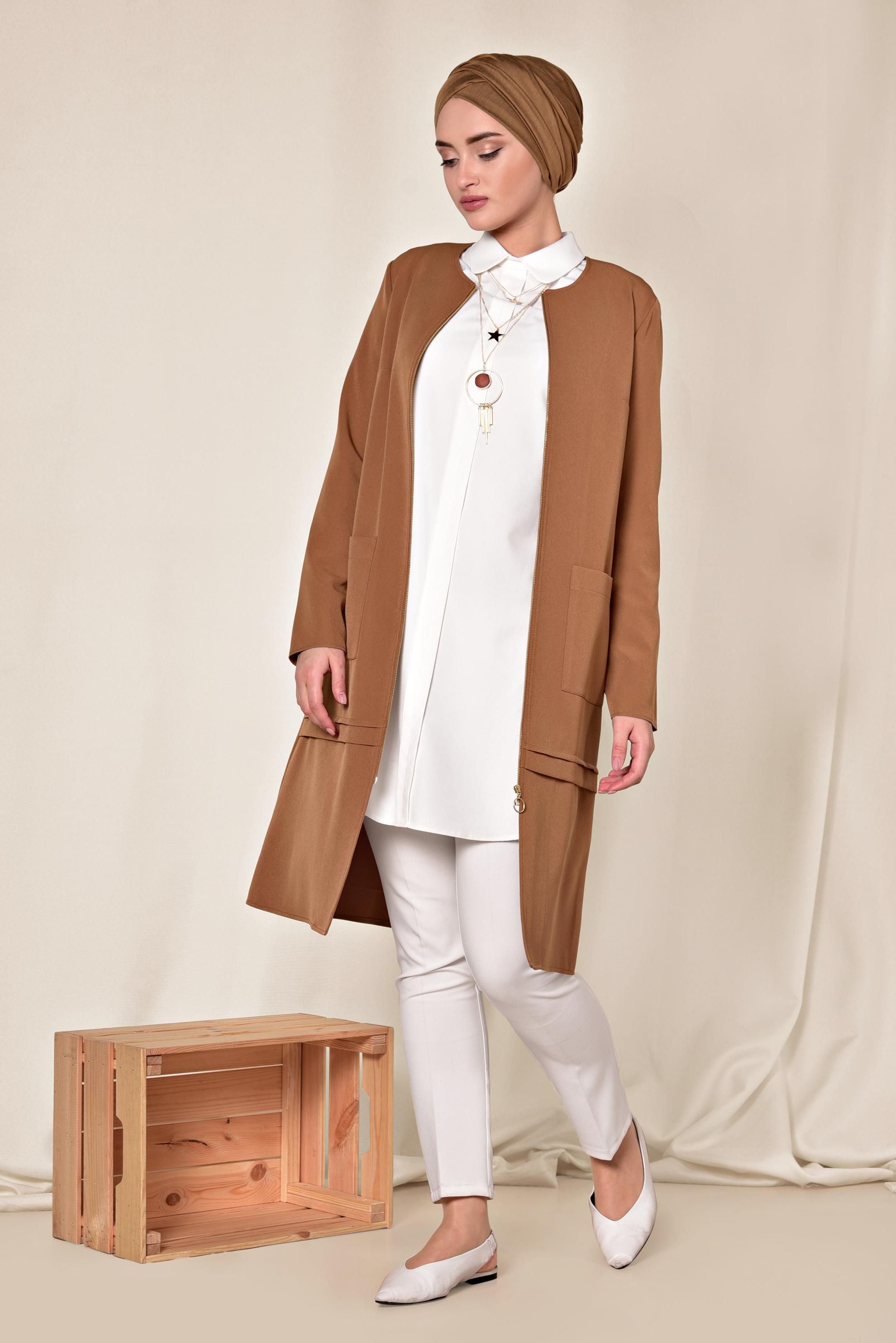 Tesettür giyim TABA TORBA CEP DETAYLI FERMUARLI CEKET 4002