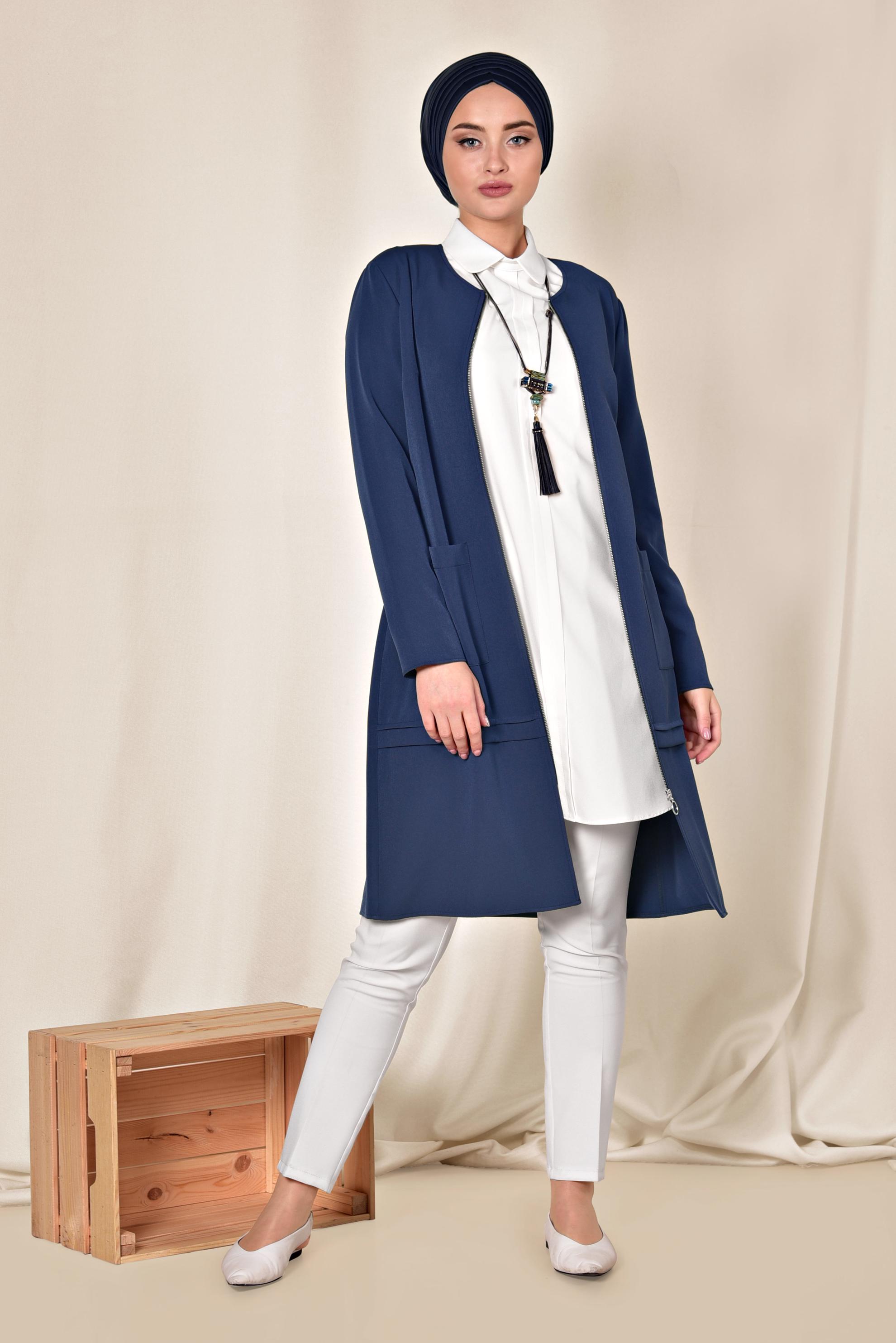 Tesettür giyim LACİVERT TORBA CEP DETAYLI FERMUARLI CEKET 4002