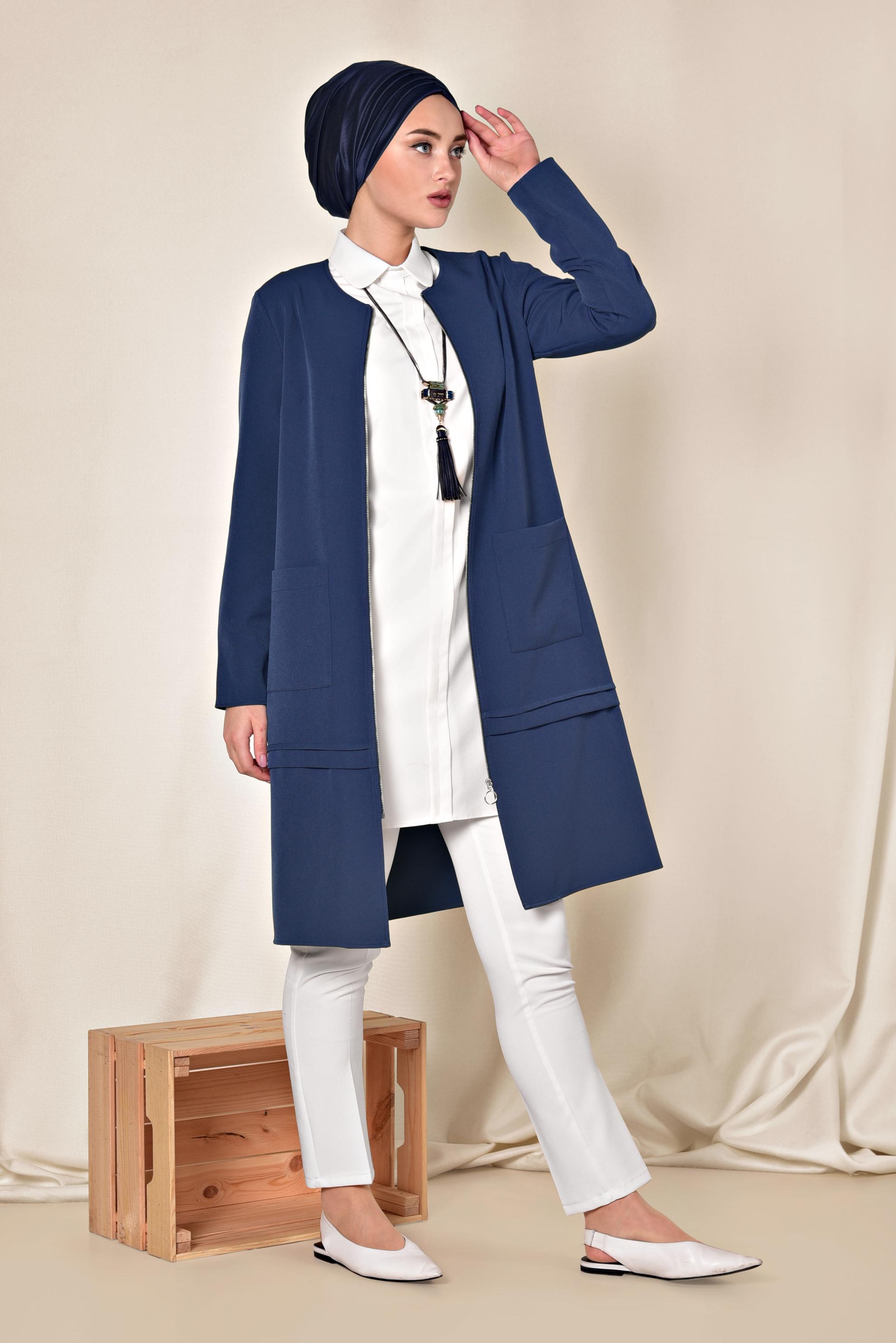 Tesettür giyim LACİVERT TORBA CEP DETAYLI FERMUARLI CEKET 4002