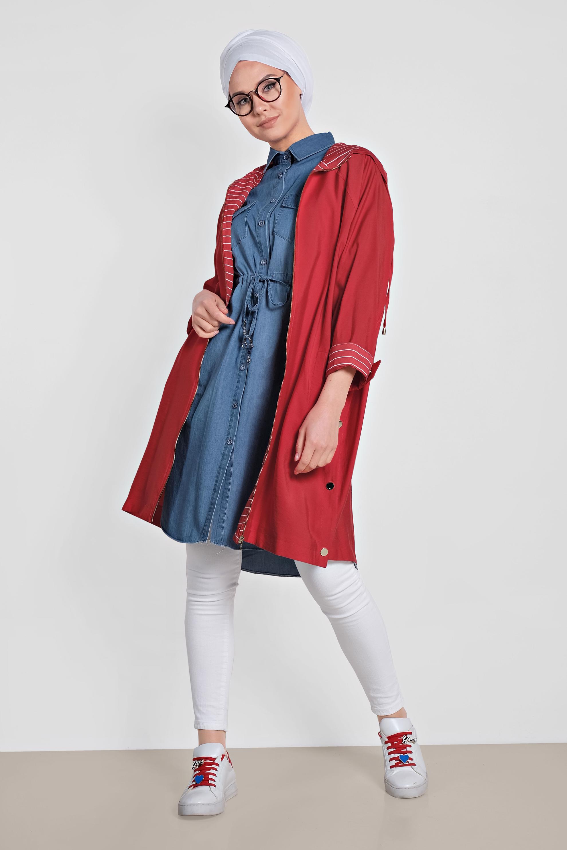 Tesettür giyim KIRMIZI YANLARI ÇITÇITLI ÖNDEN FERMUARLI GİY ÇIK 4103