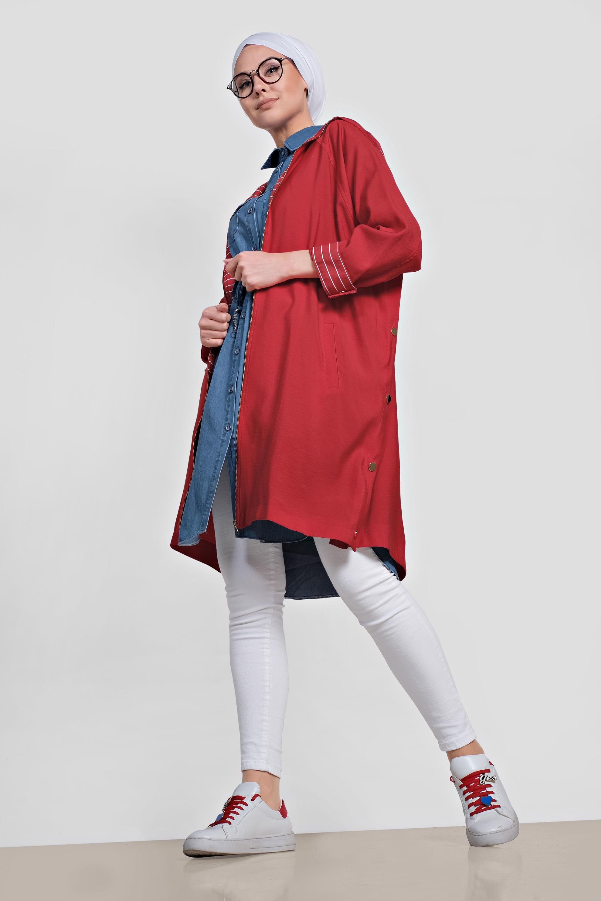 Tesettür giyim KIRMIZI YANLARI ÇITÇITLI ÖNDEN FERMUARLI GİY ÇIK 4103